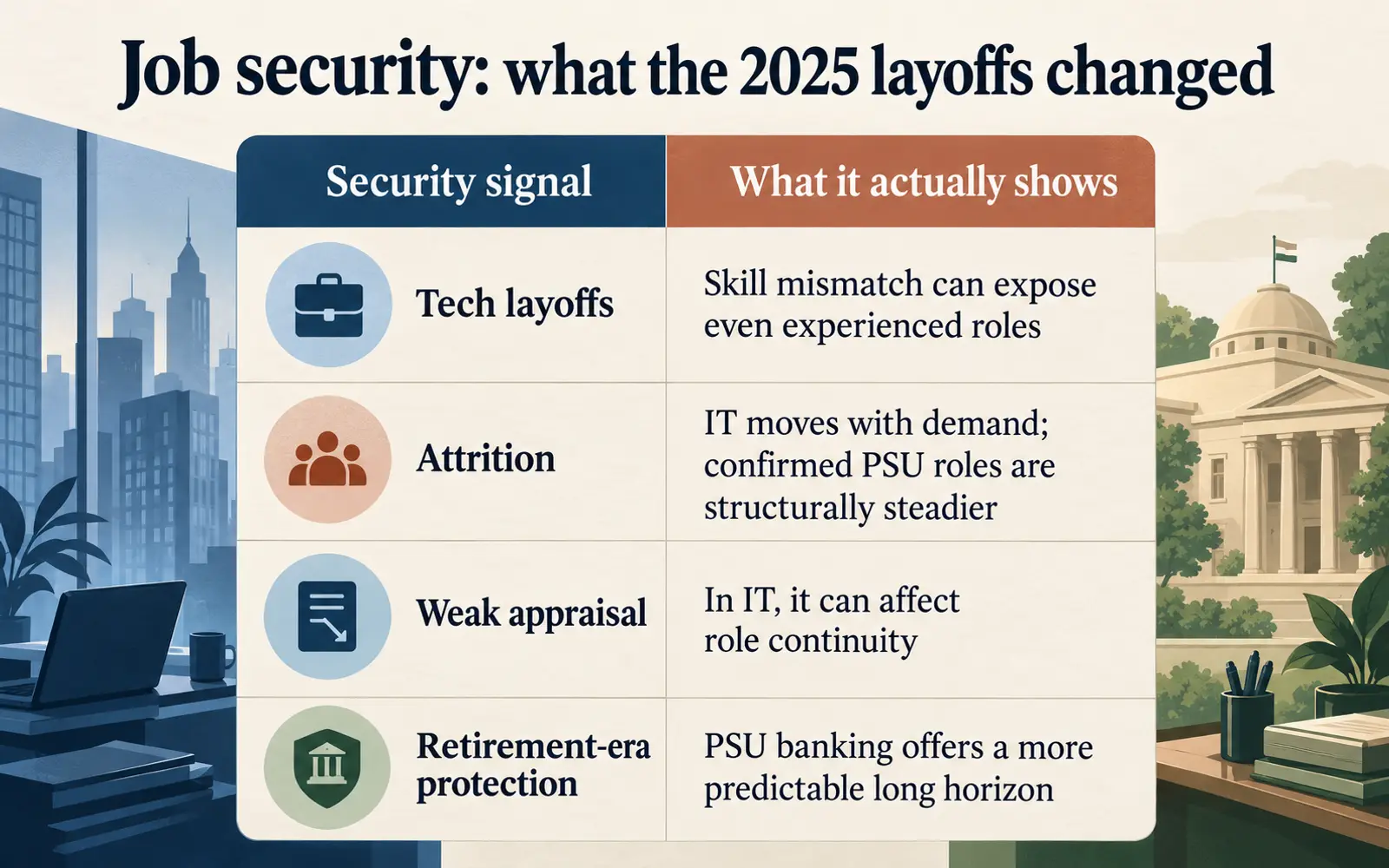 Comparison table explaining what 2025 tech layoffs, attrition, weak appraisals and PSU retirement protection show about job security