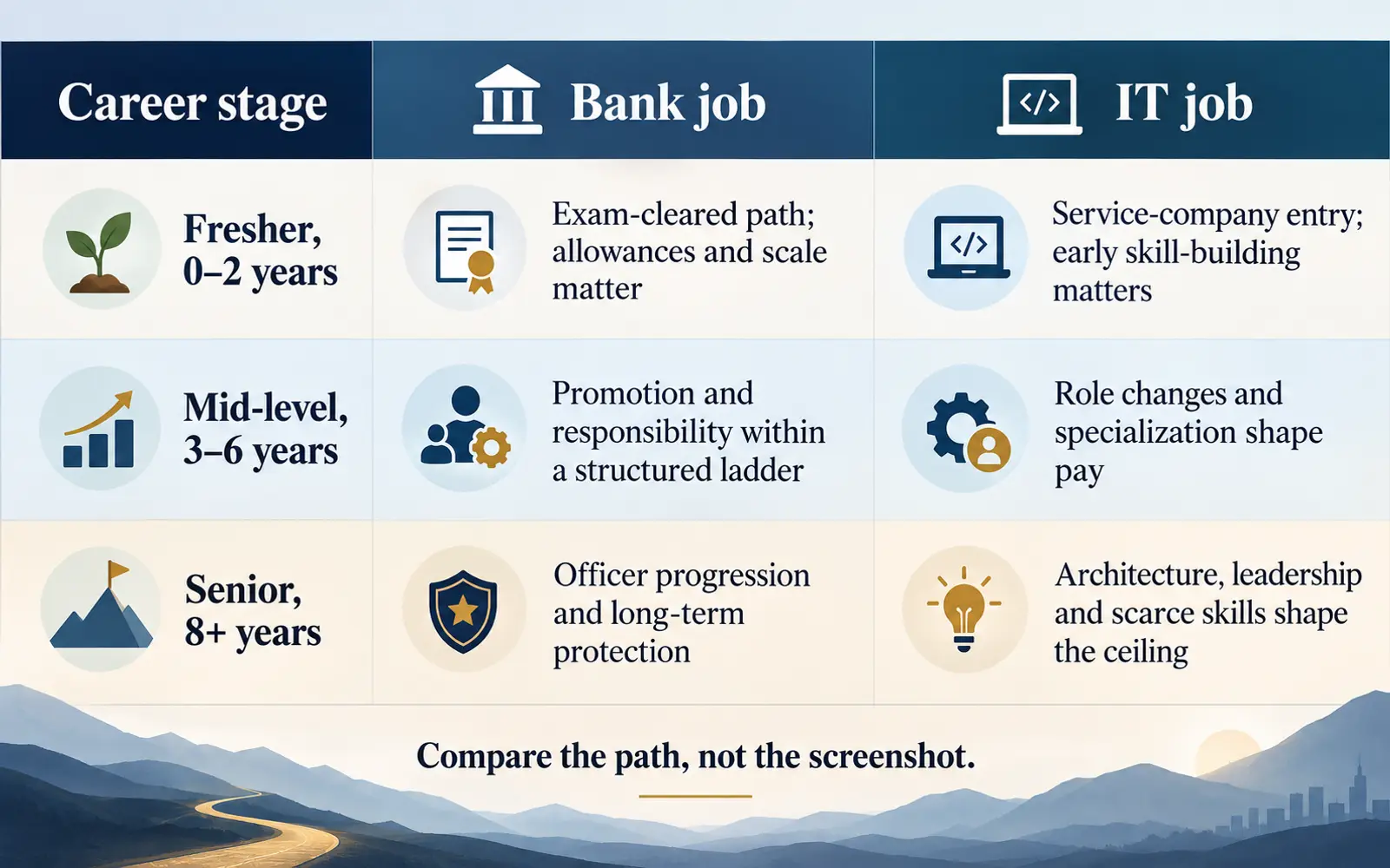 Comparison table showing how bank and IT careers differ at fresher, mid-level and senior stages