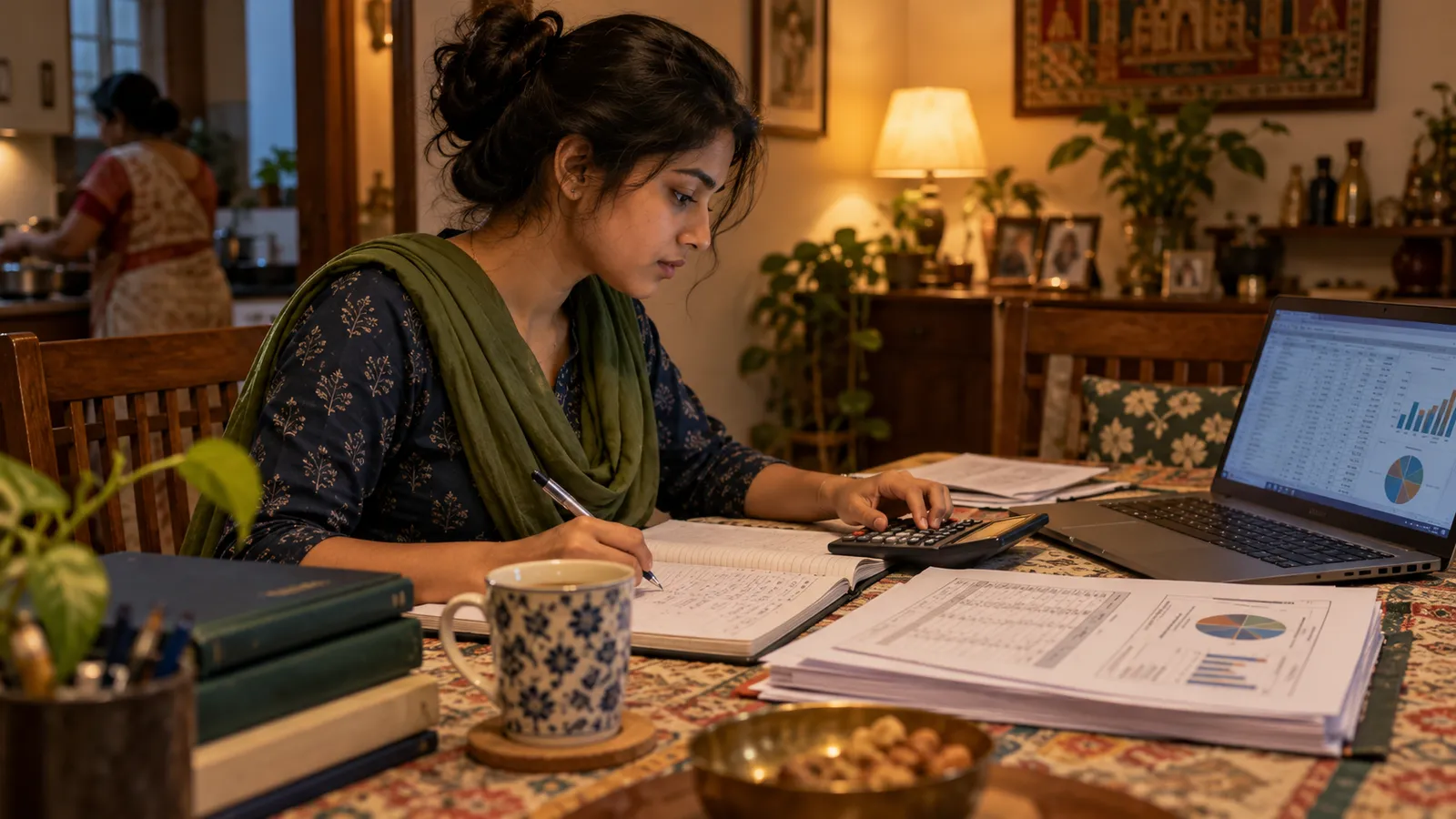 Indian professional comparing banking paperwork and an IT project at a family dining table