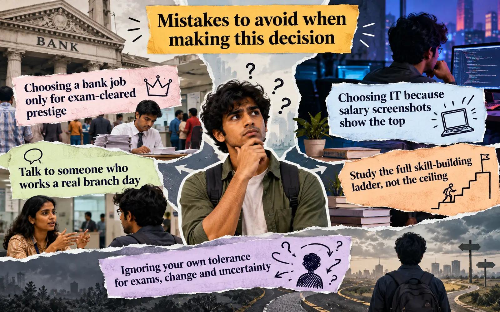 Mistakes-versus-smarter-move panel for choosing between bank and IT careers, including prestige, salary screenshots and uncertainty