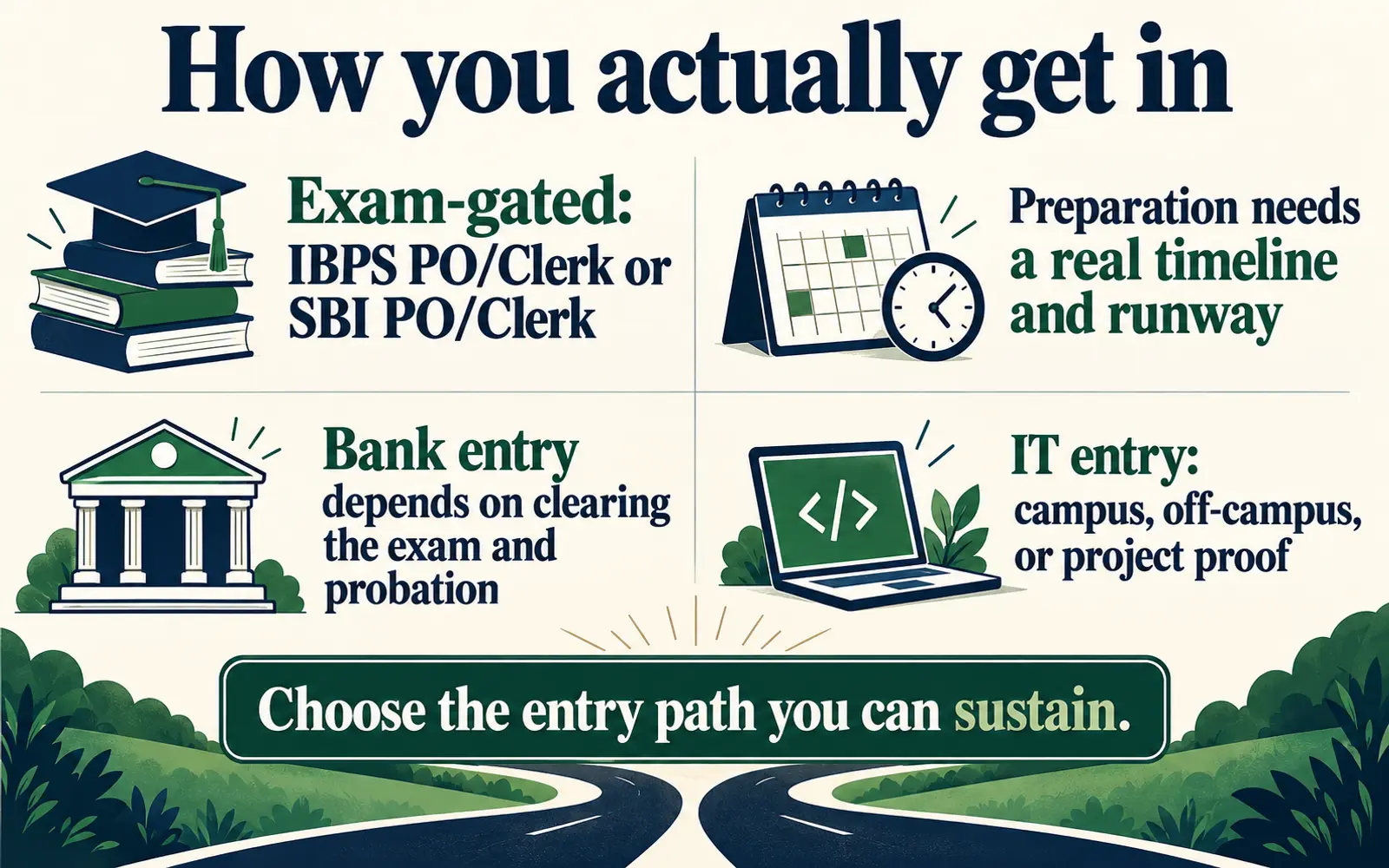 Self-assessment checklist comparing exam-gated bank entry with campus, off-campus and project-based IT entry
