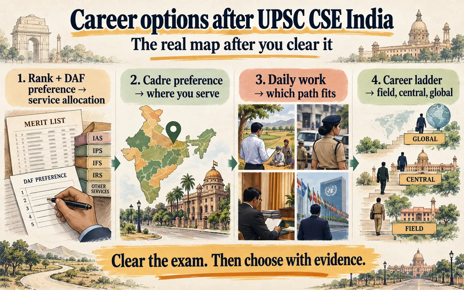 At-a-glance map of UPSC CSE decisions from rank and DAF preference through cadre, daily work, and a long-term career ladder