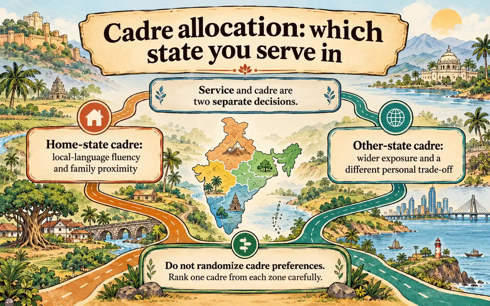Editorial decision map contrasting home-state and other-state cadre trade-offs after UPSC service allocation