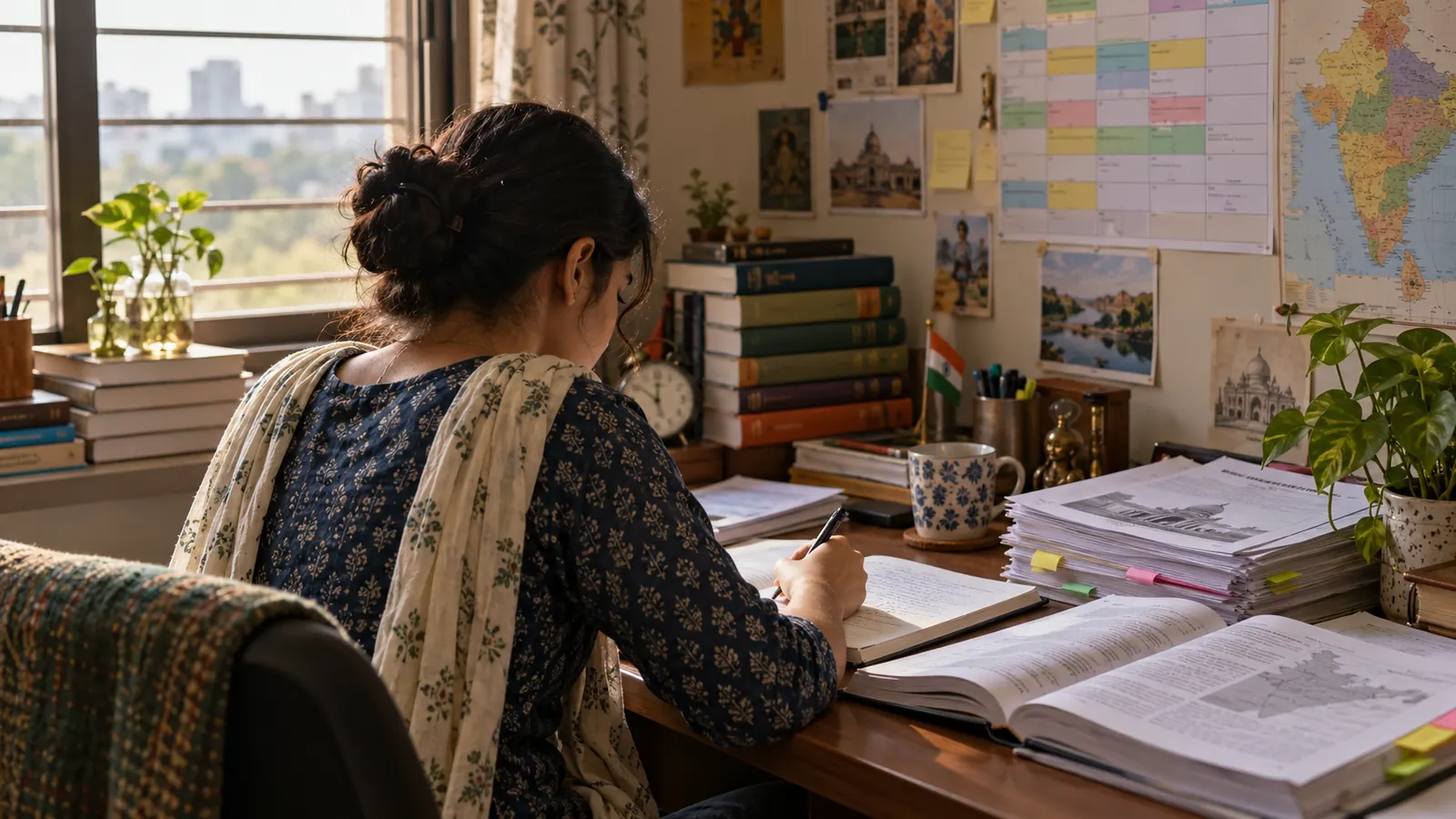 UPSC aspirant studying beside a window with exam books, a timetable, and marked question papers in an Indian home study corner