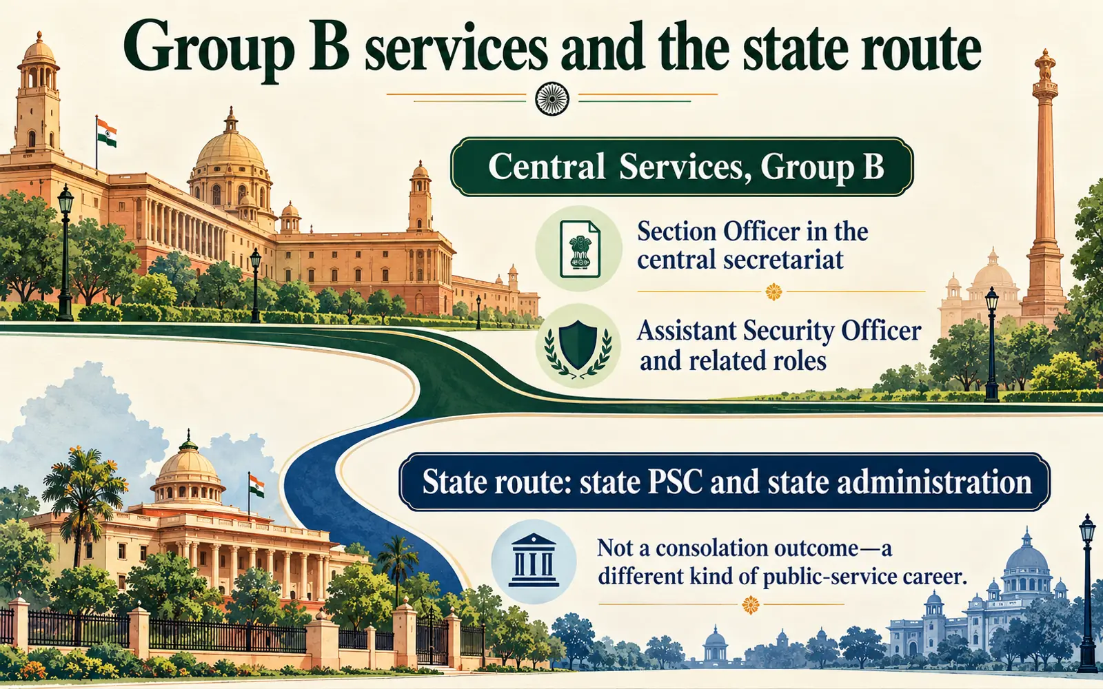 Linear roadmap contrasting Central Services Group B roles with the state PSC and state-administration route