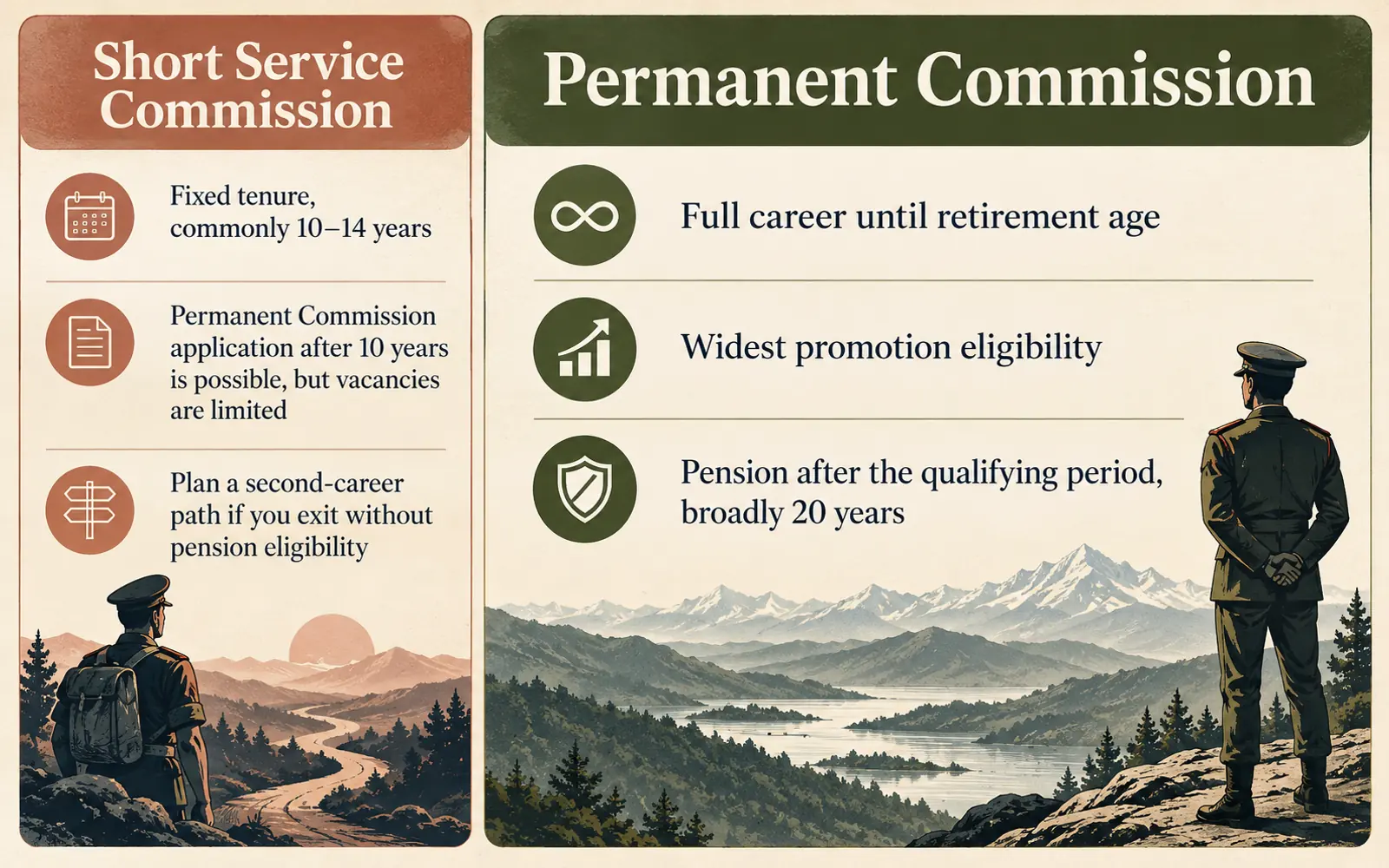 Asymmetrical comparison of Permanent Commission and Short Service Commission career length, pension, and promotion trade-offs