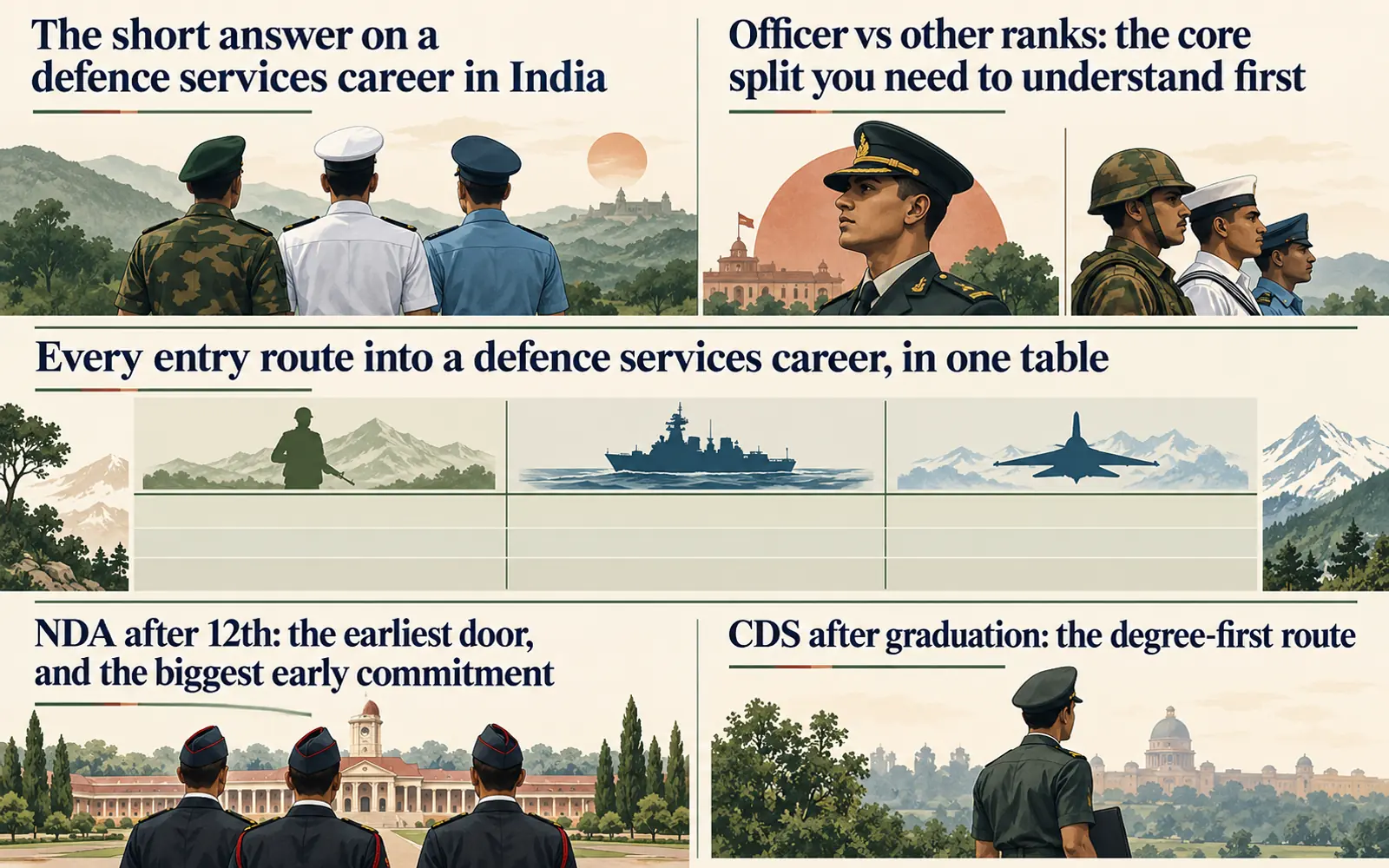 Summary card comparing defence-service entry routes, officer and other-ranks ladders, NDA, and CDS