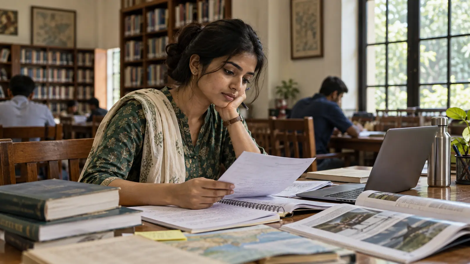 An Indian defence-career aspirant reviews preparation notes beside a laptop and course information at a quiet library table