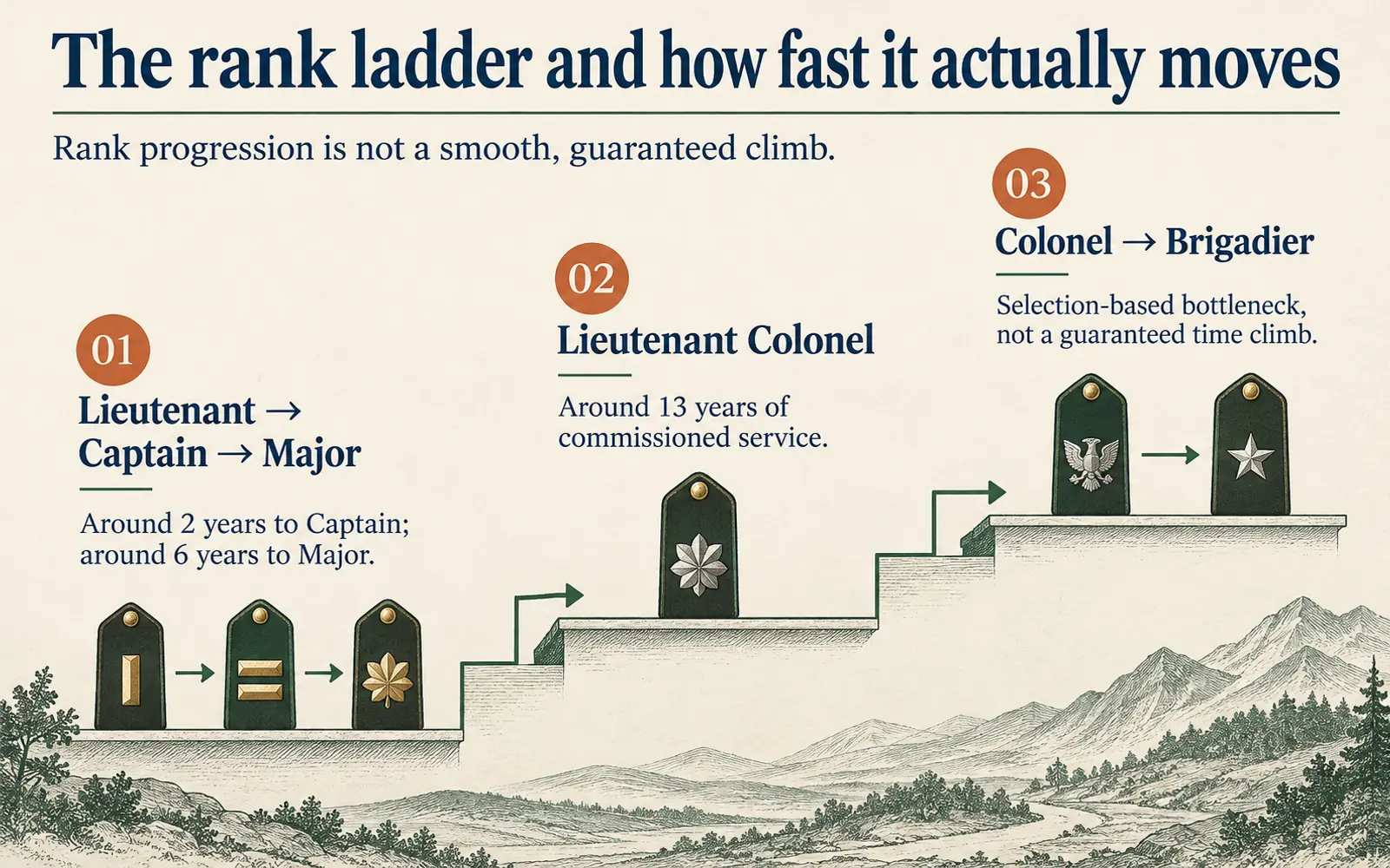 Stepped rank ladder showing officer progression from Lieutenant through Major, Lieutenant Colonel, Colonel, and Brigadier