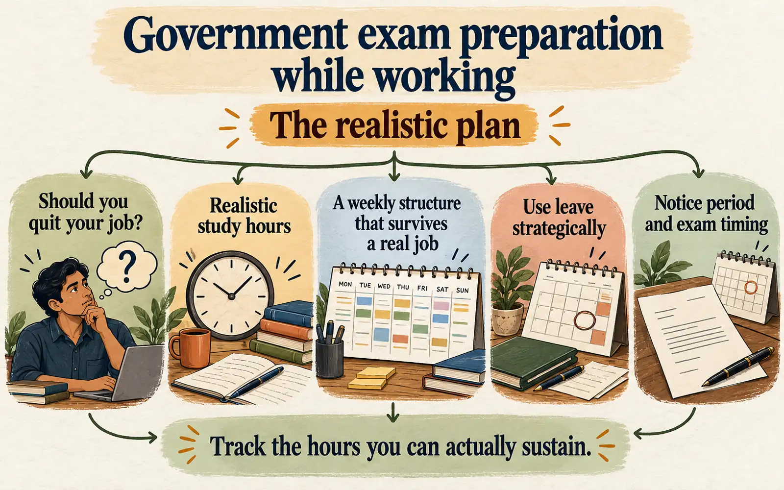 At-a-glance map of government exam preparation while working, covering quitting, study hours, weekly structure, leave, and notice-period timing