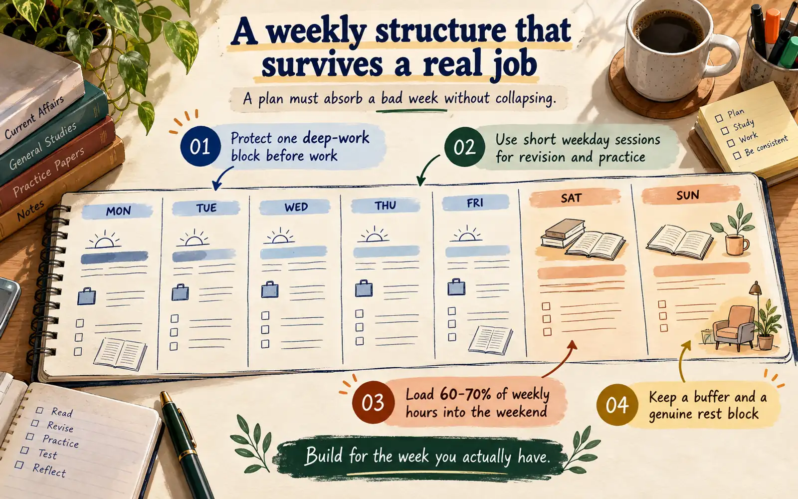 Monday-to-Sunday study timeline showing a pre-work deep-work block, short weekday revision, weekend volume, and a protected buffer