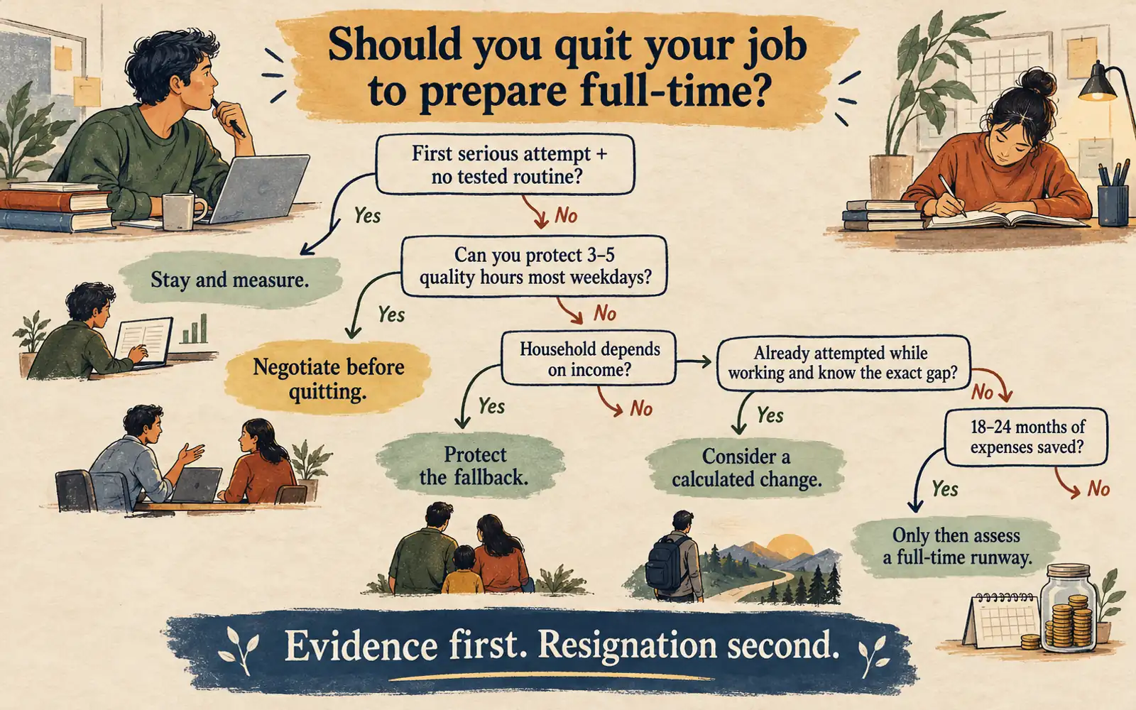 Decision tree weighing a first tested routine, protected weekday hours, household income, prior attempts, and saved expenses before quitting a job for exam preparation
