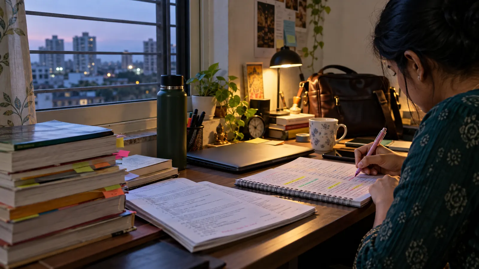 Working Indian exam aspirant studying at a home desk beside a city window, with exam books, a timetable, and marked papers beside a work bag