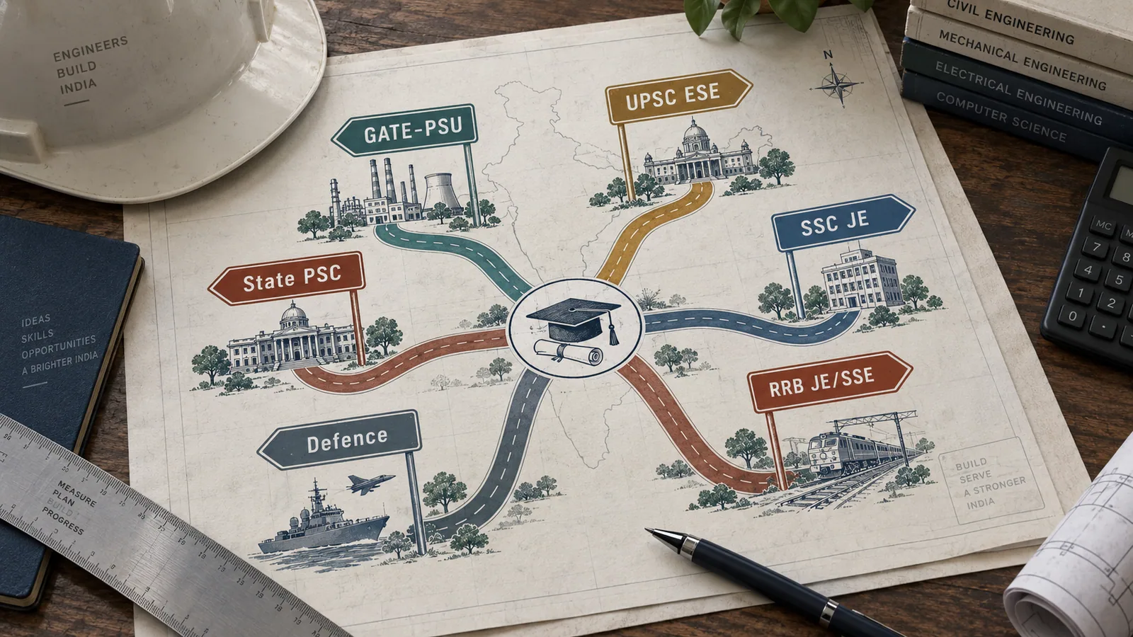 Editorial route map showing government job pathways after engineering in India.