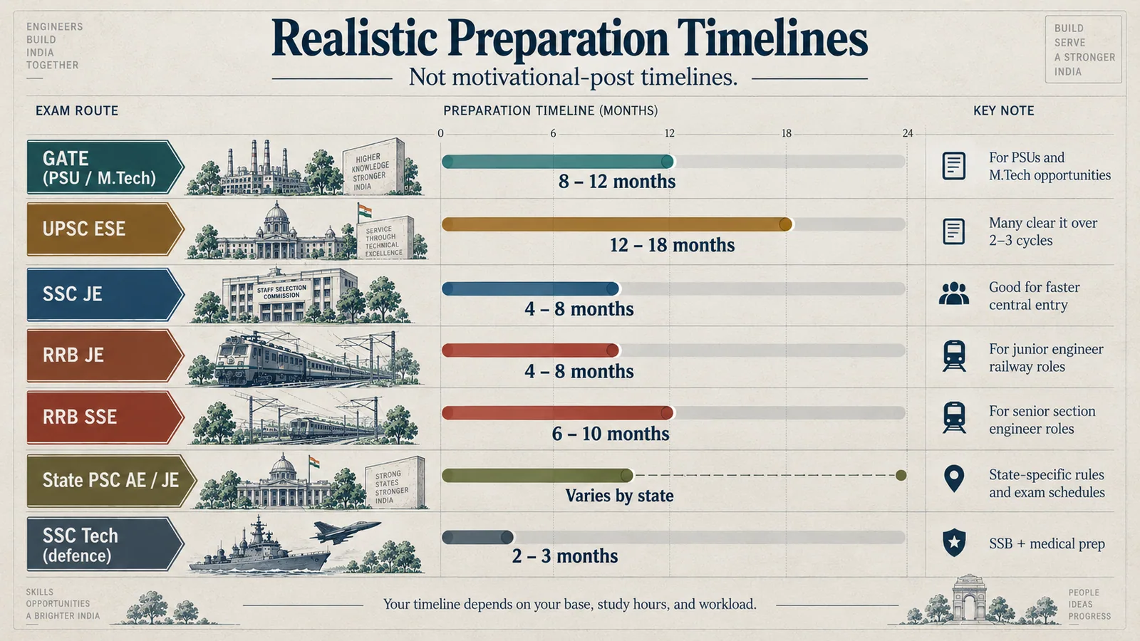 Visual timeline comparing realistic preparation periods for government engineering exams.
