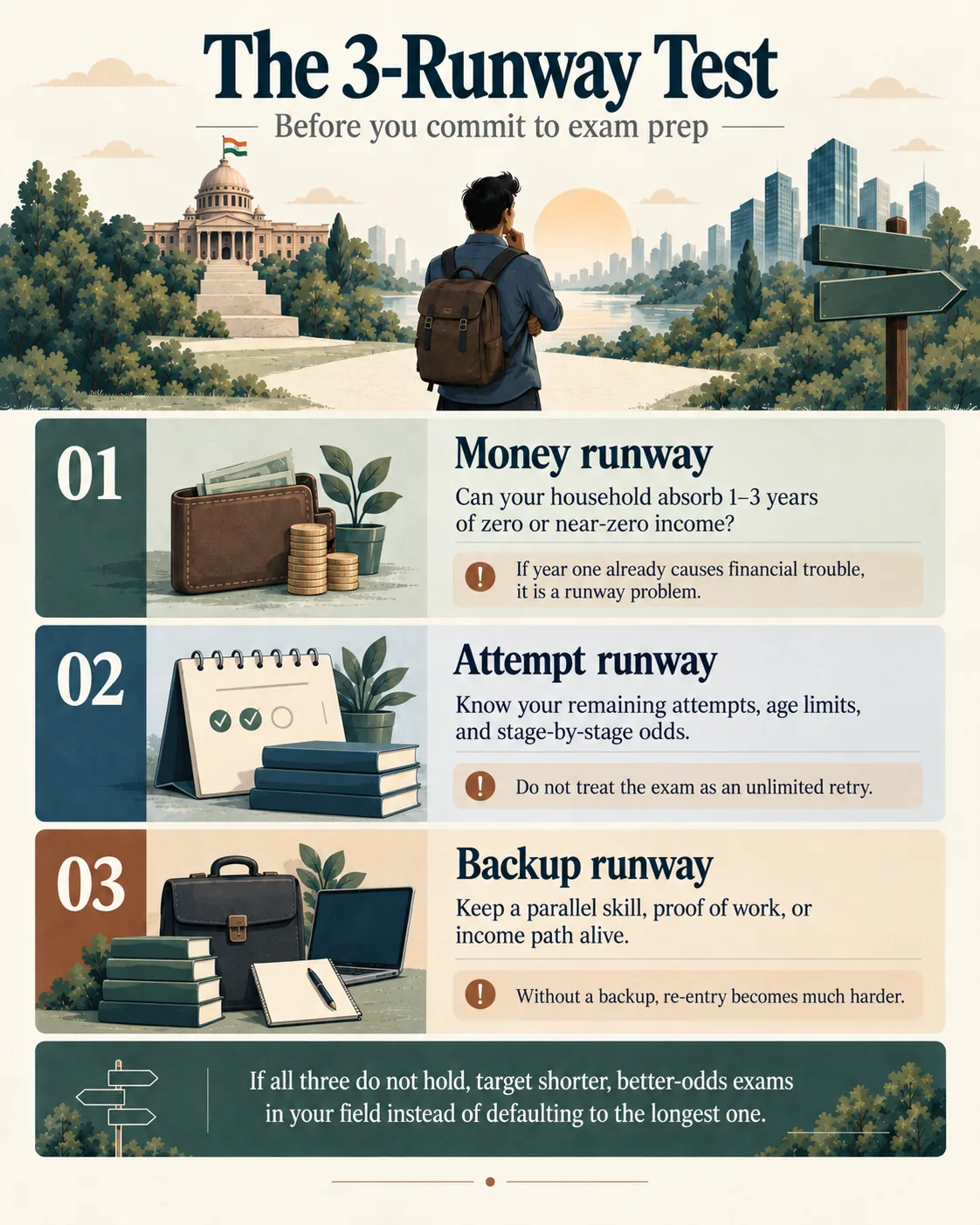 Three-runway test for judging money, attempt, and backup capacity before exam preparation