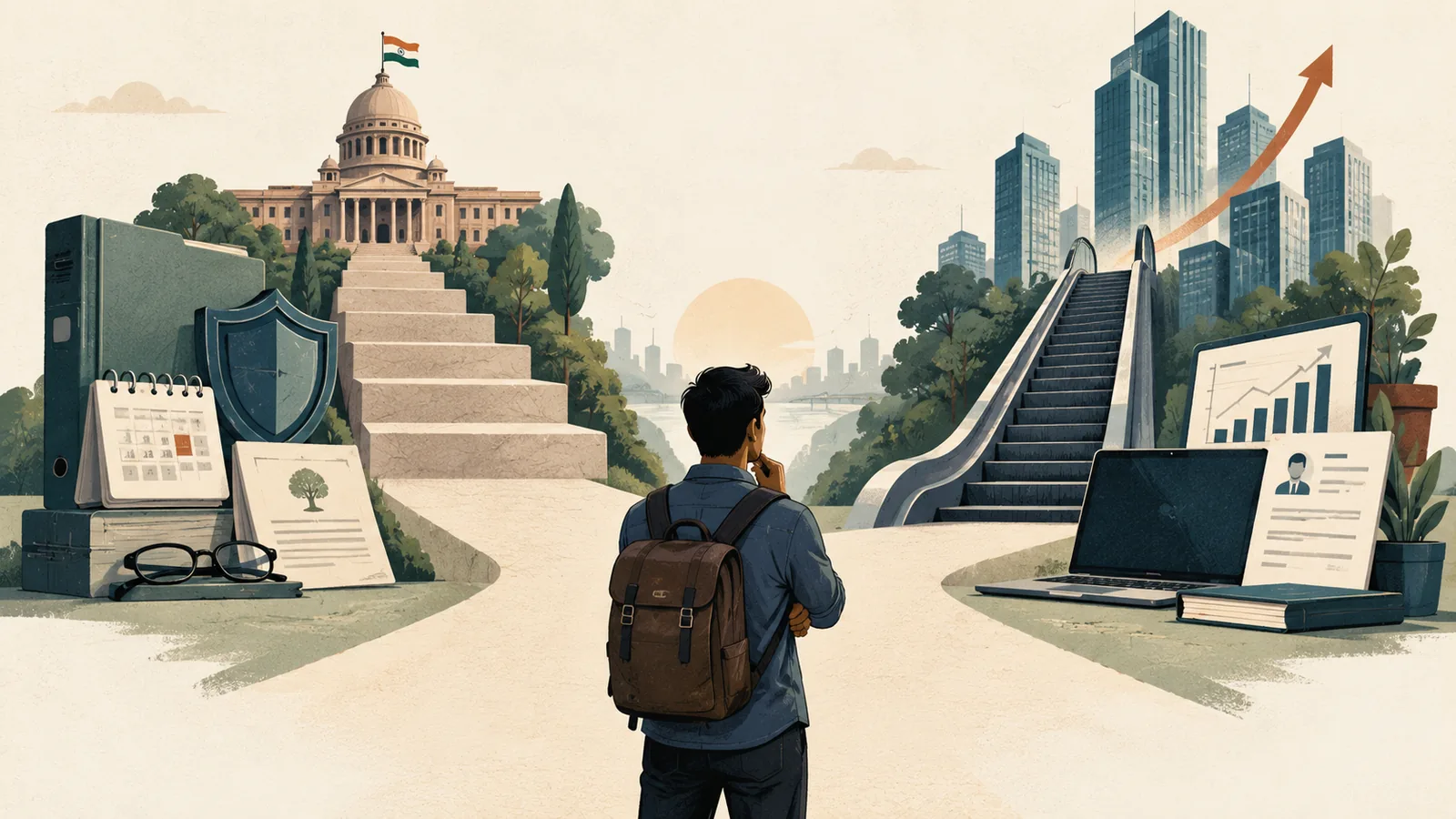 Editorial comparison of government job stability and private-sector career growth in India