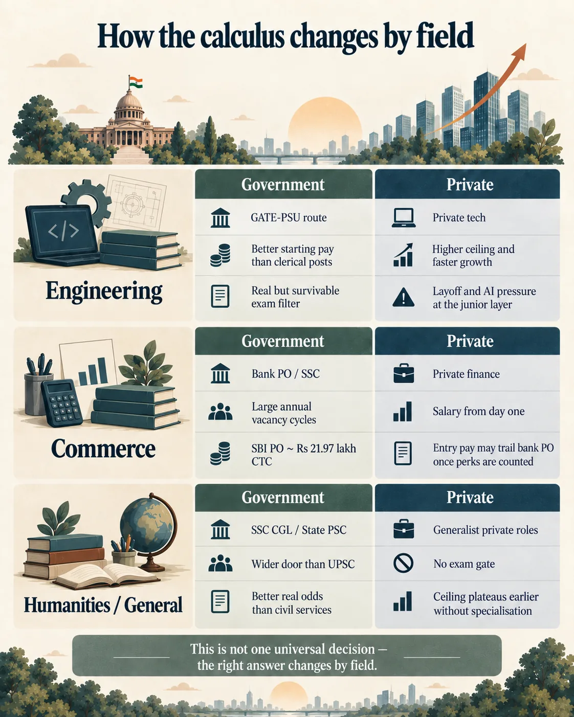 Government and private career routes compared for engineering, commerce, and humanities graduates