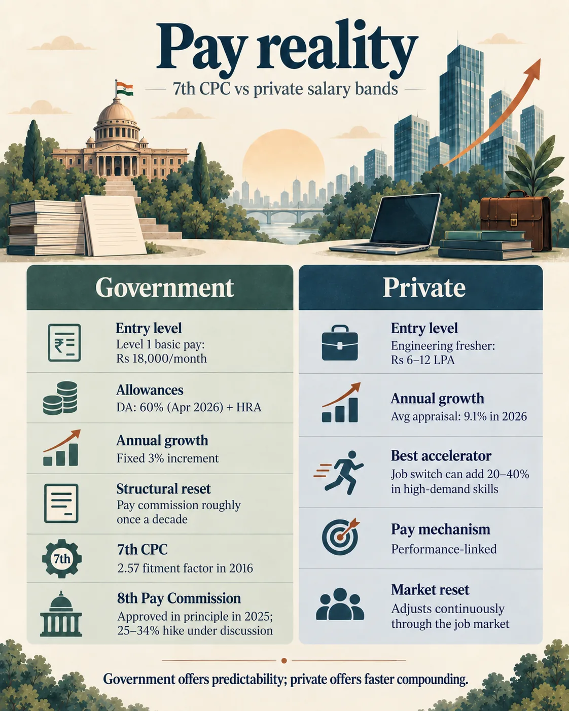 Government 7th Pay Commission and private salary growth compared across career stages