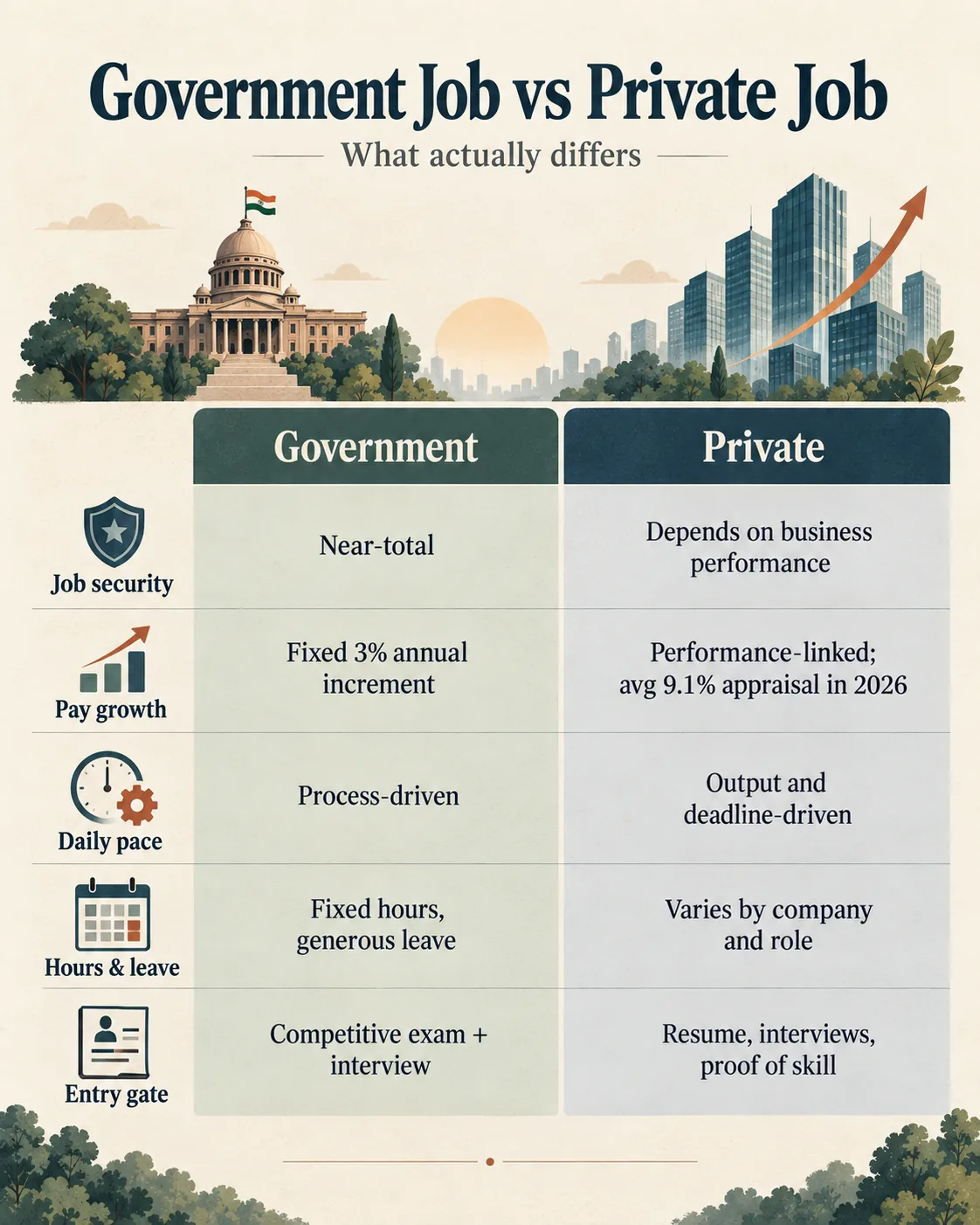 Government and private jobs compared by security, pay growth, pace, leave, and entry requirements