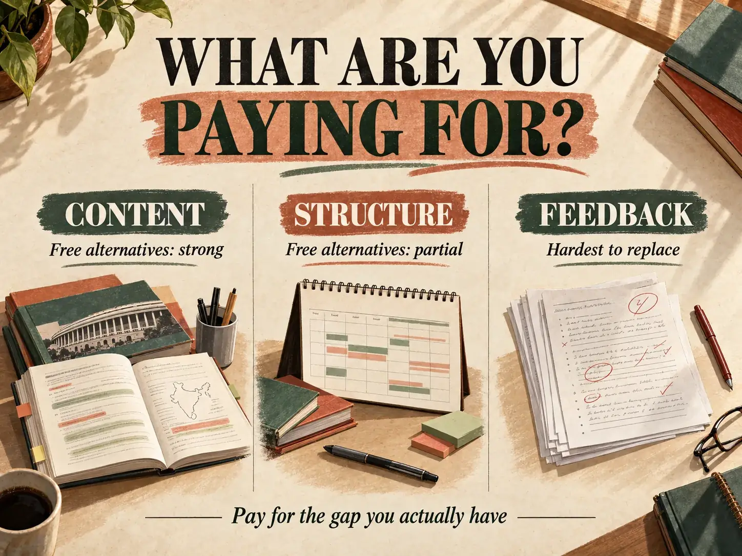 The three parts of government exam coaching: content, structure, and personalised feedback.