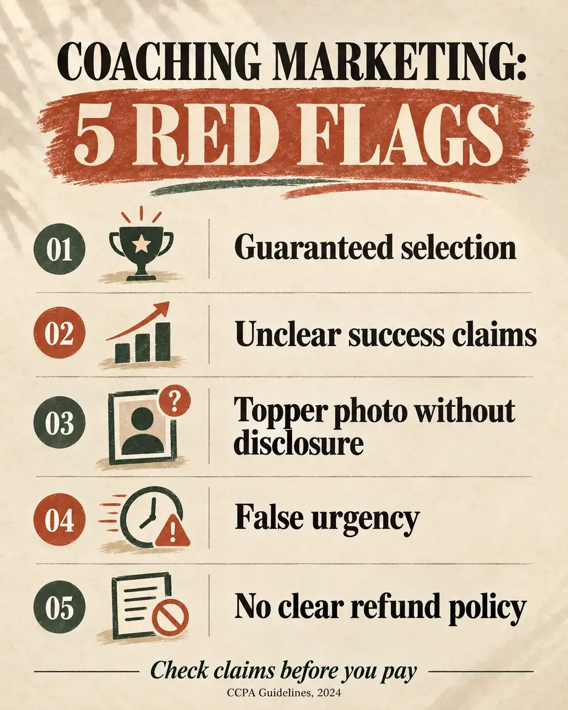 Red flags to check in government exam coaching advertisements and topper claims.