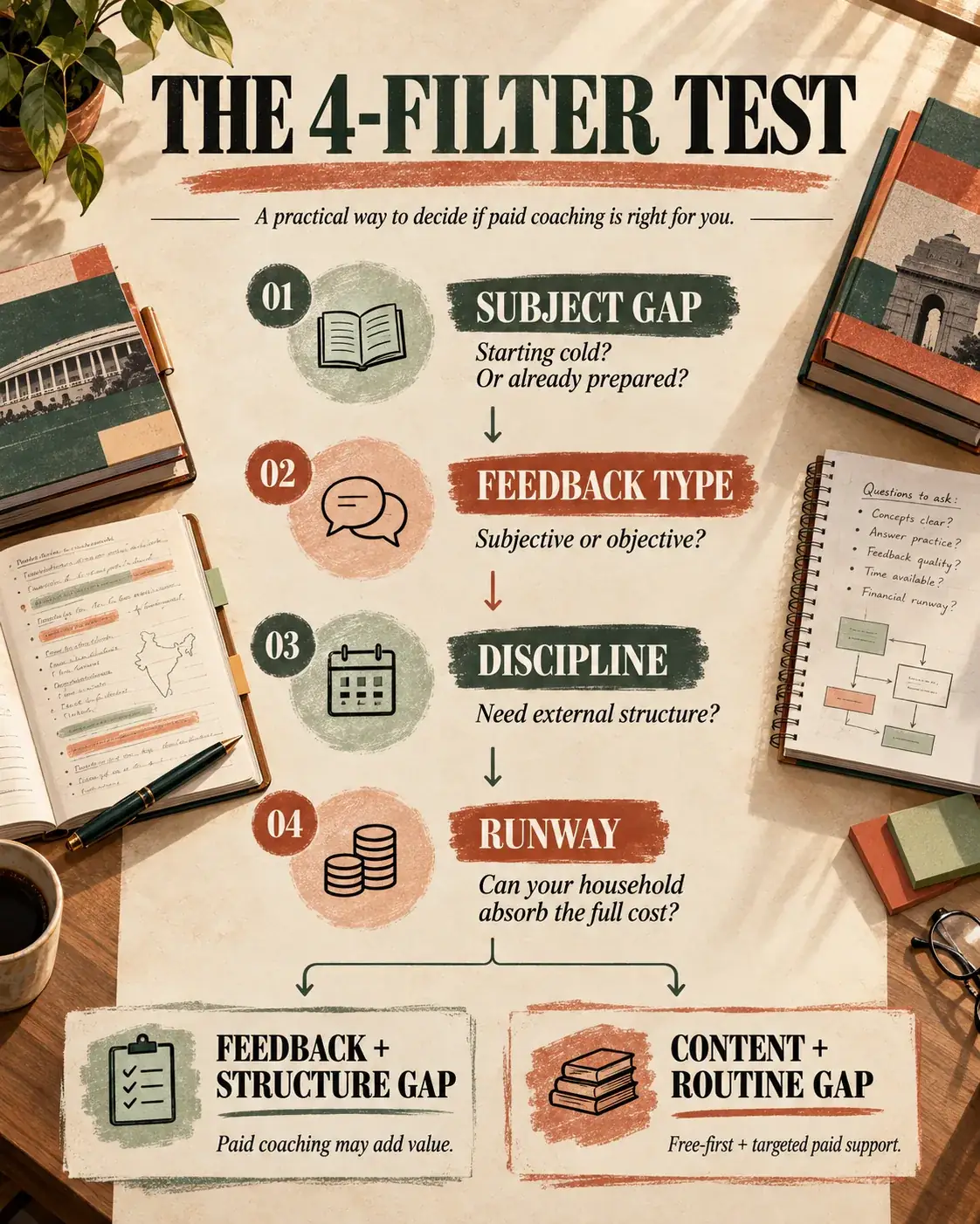 Four-filter test for deciding whether government exam coaching is worth paying for.