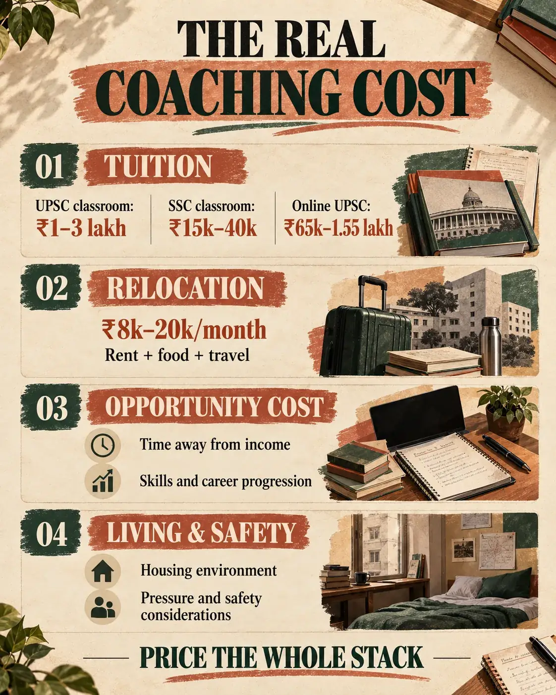 Illustration of the full cost of government exam coaching in India, including fees, relocation, and opportunity cost.