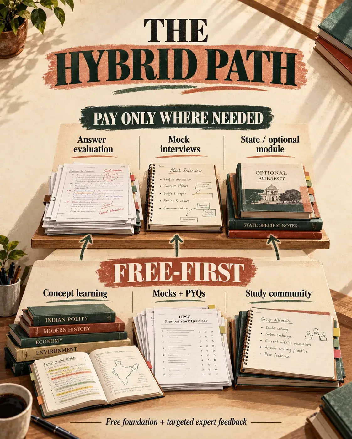 Hybrid government exam preparation model combining free resources with targeted paid feedback.