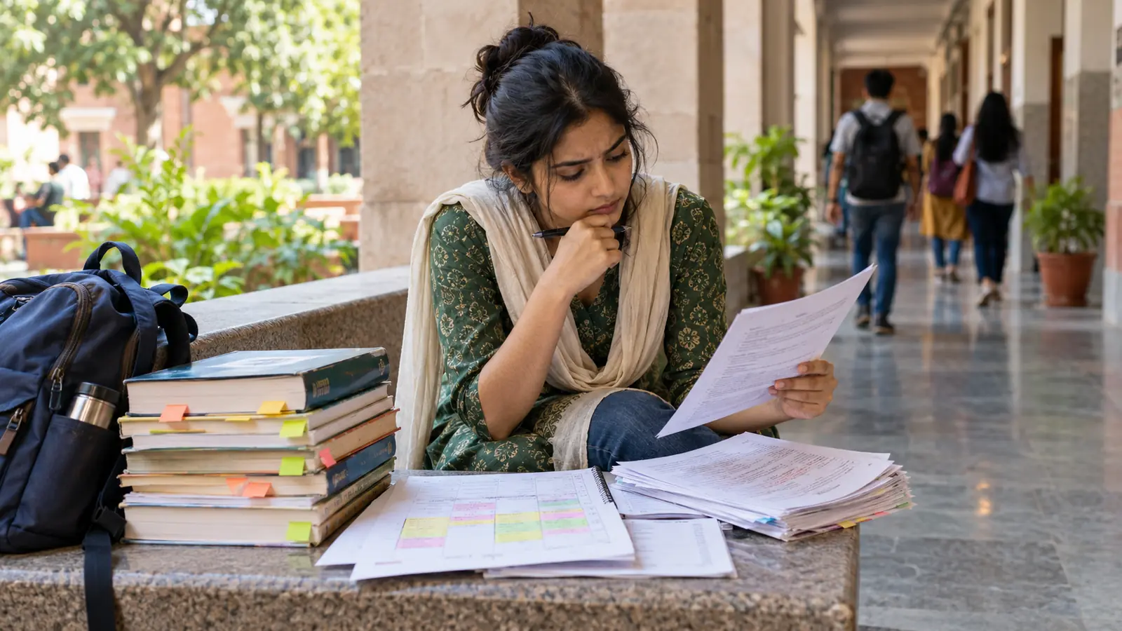 An Indian exam aspirant compares preparation books, a timetable, and previous-year papers on a college corridor bench