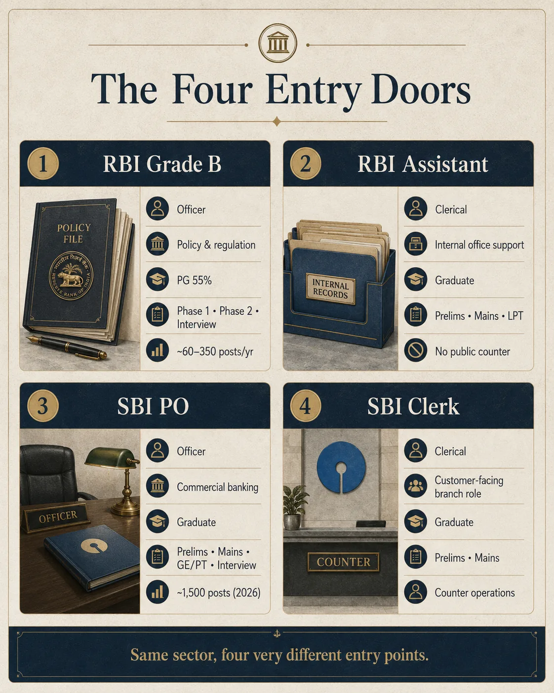 The four entry doors into RBI and SBI careers: Grade B, Assistant, PO, and Clerk.