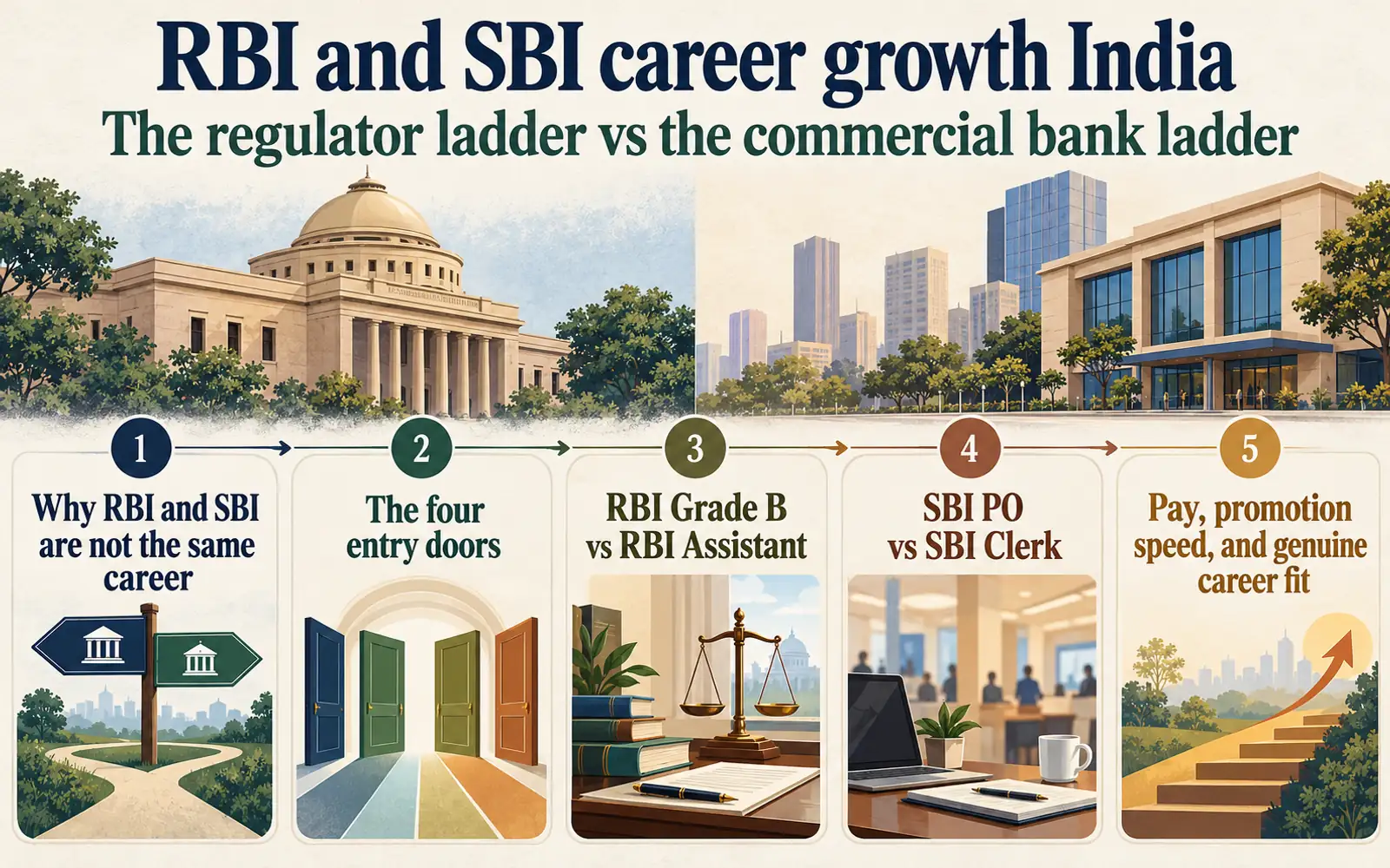 At-a-glance summary comparing RBI and SBI career differences, entry doors, role pairs, pay, promotion speed, and career fit