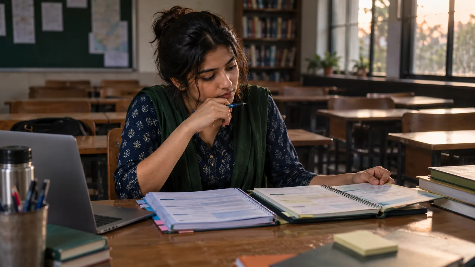 Indian exam aspirant studying at a classroom desk after hours with notebooks, a laptop, and printed banking-career materials