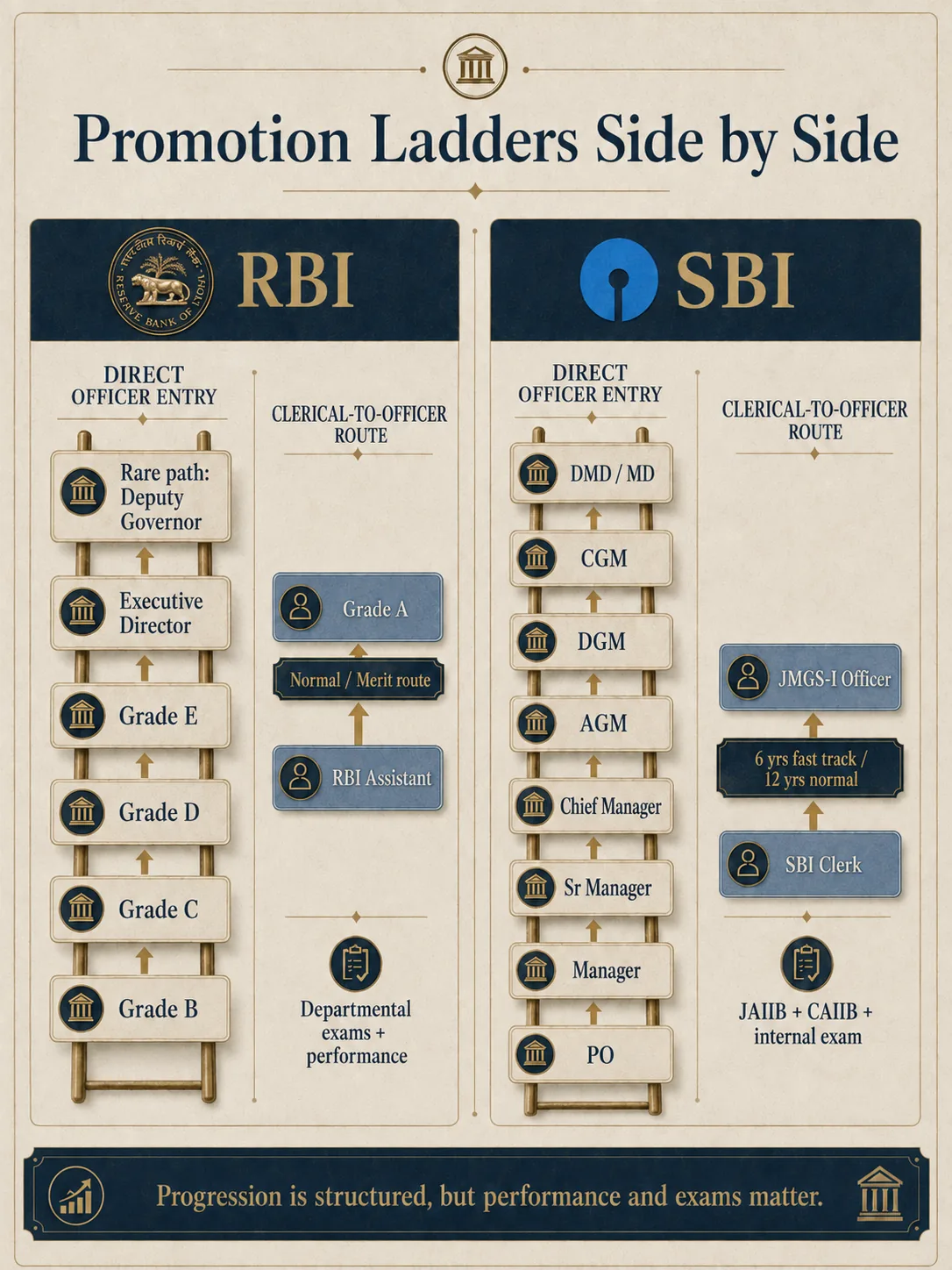 Side-by-side promotion ladders for RBI and SBI officers and clerical entrants.