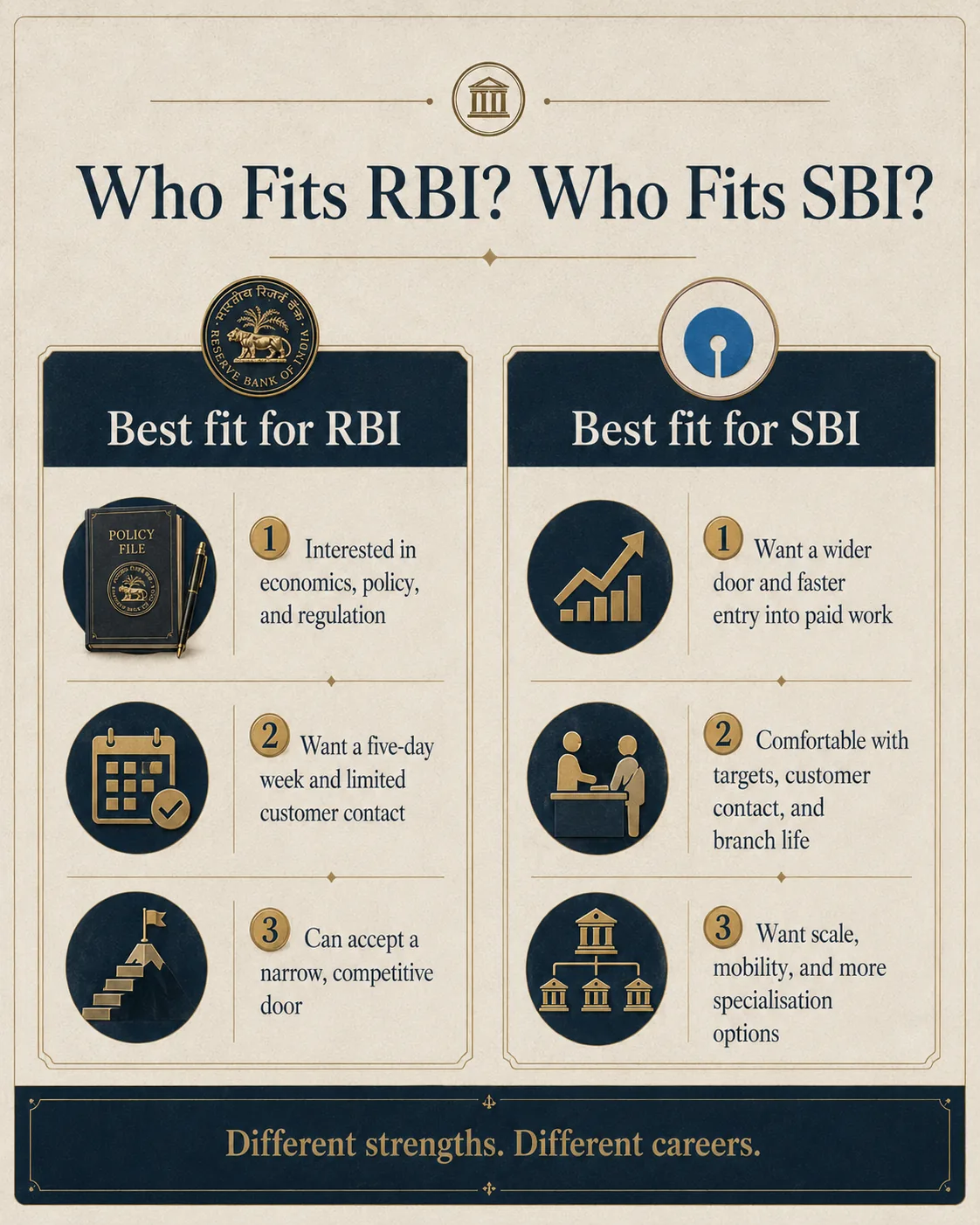 Career-fit comparison of policy and regulation work at RBI versus commercial banking work at SBI.
