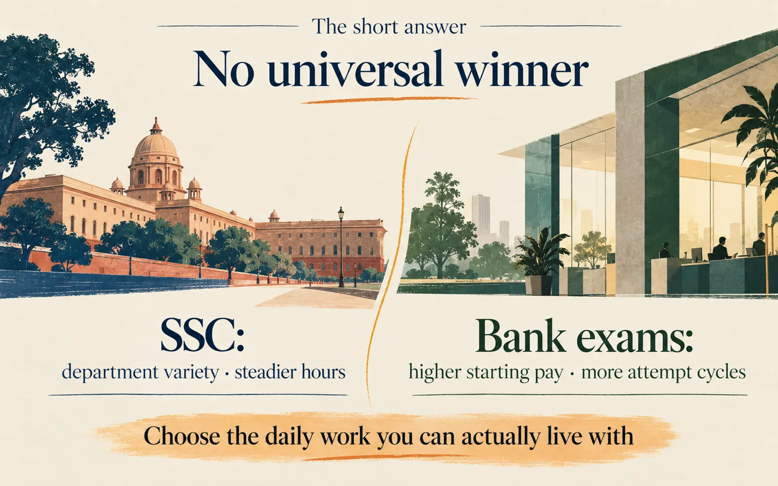 Asymmetrical comparison showing SSC's department variety and steadier hours beside bank exams' higher starting pay and more attempt cycles, with no universal winner.