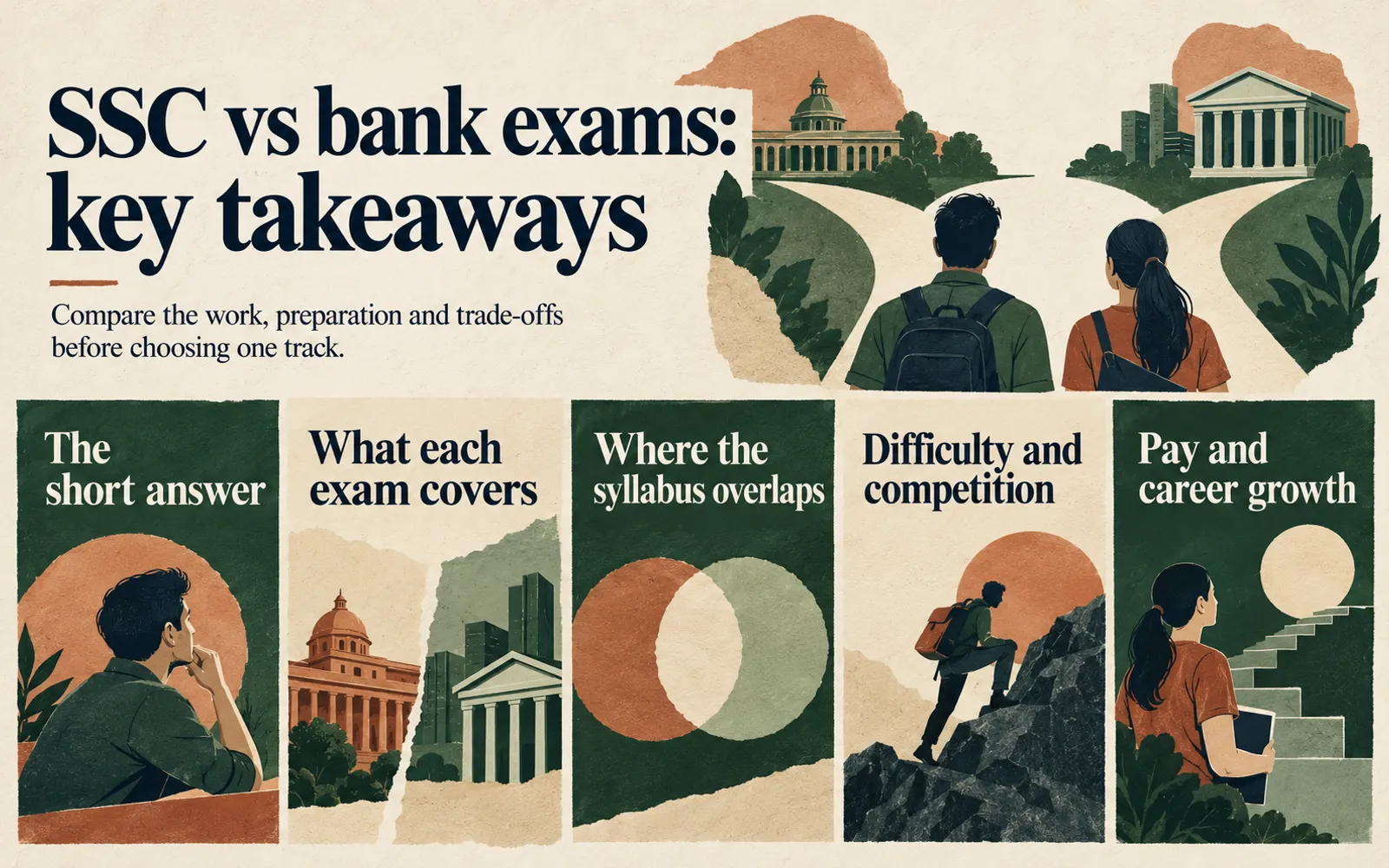 Summary card listing the short answer, exam coverage, syllabus overlap, competition, and pay-growth questions for choosing between SSC and bank exams.