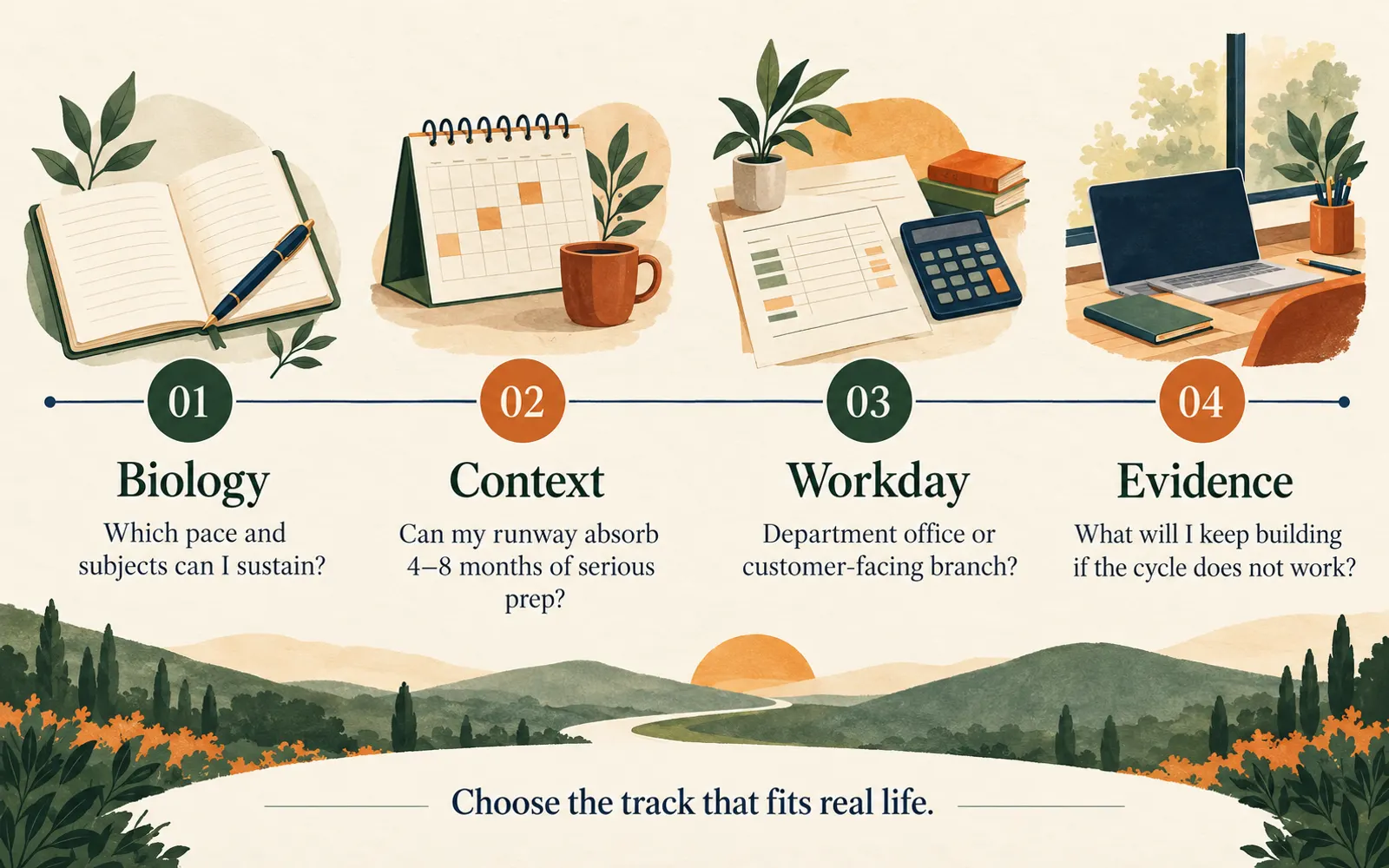 Four-step checkpoint timeline asking about sustainable preparation pace, financial runway, preferred workday and the evidence to keep building if the exam cycle fails.