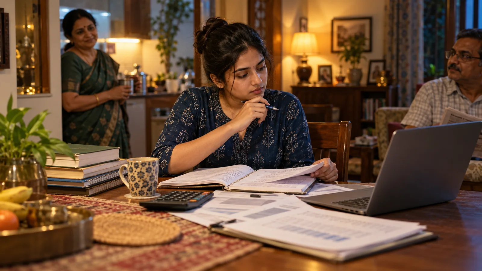 An Indian exam aspirant compares preparation papers at a family dining table, with a calculator, ledger and laptop suggesting the practical choice between SSC and bank exams.