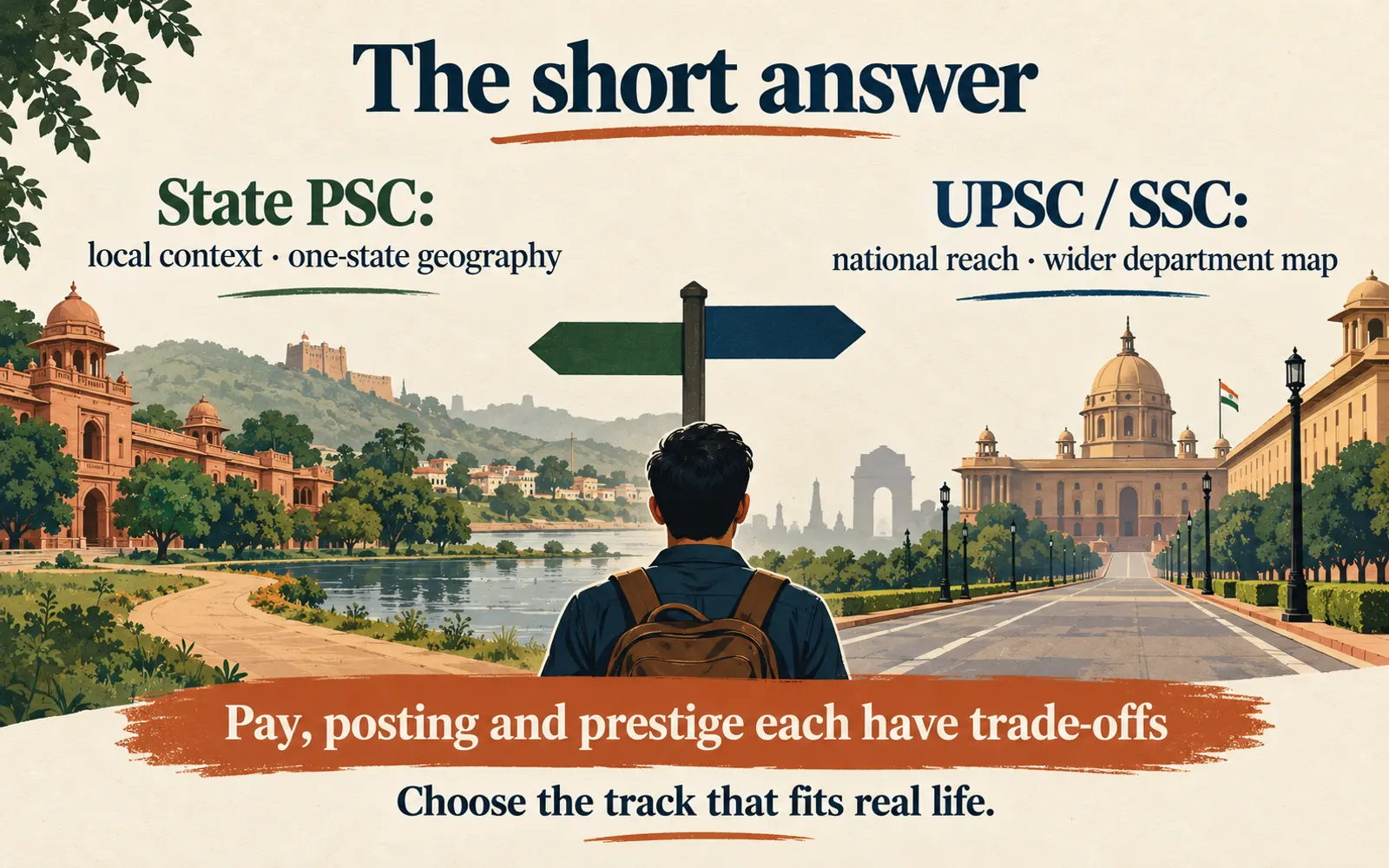 Summary card comparing state PSC with UPSC and SSC across exam map, pay scale, transfer reality, prestige and competition.