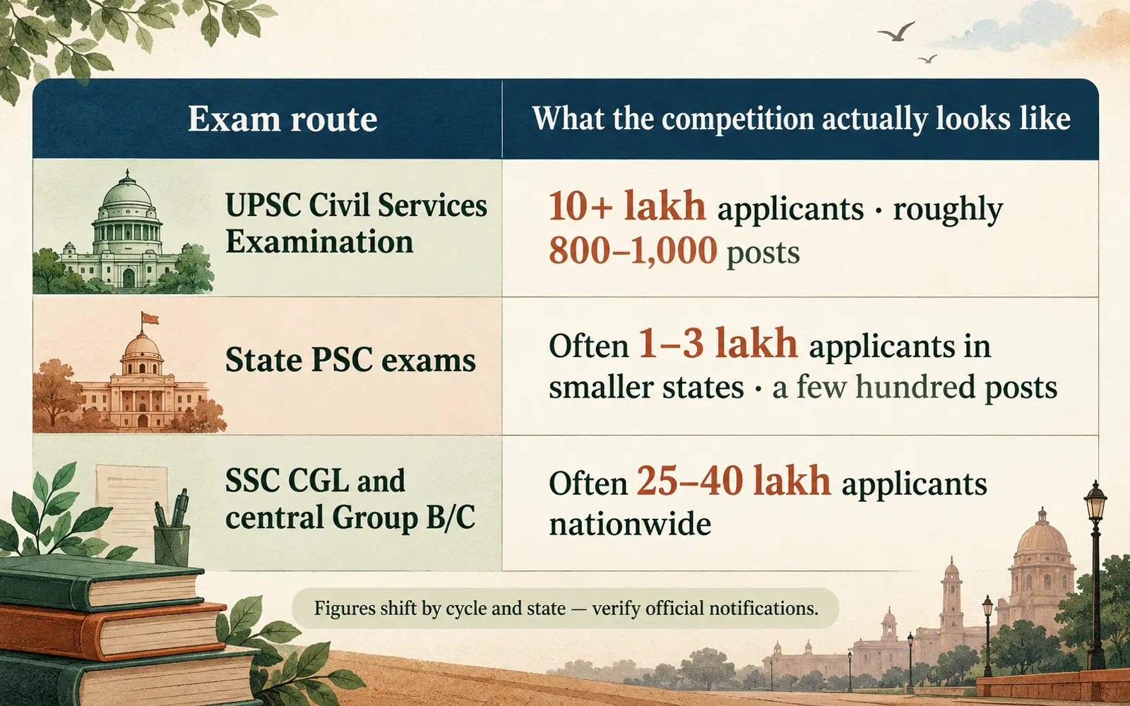 Comparison table showing how applicant volume and post counts differ across UPSC Civil Services, state PSC exams and SSC CGL or central Group B and C exams.