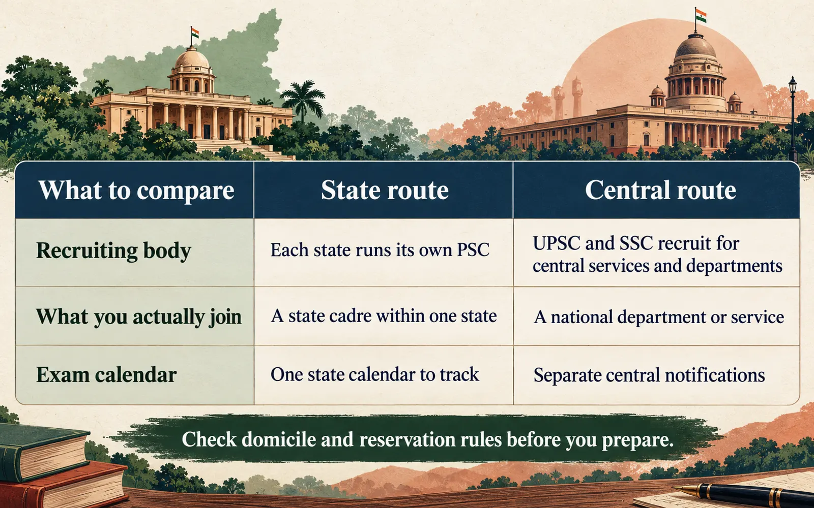 Comparison table mapping state PSC and central UPSC or SSC routes by recruiting body, what candidates join and the exam calendar they track.