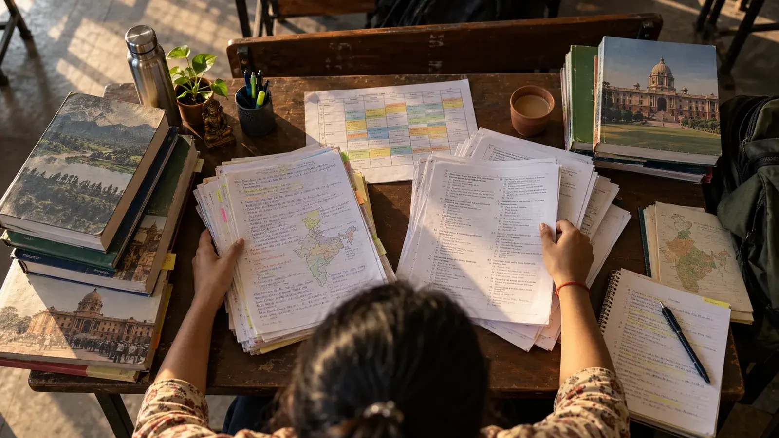 An Indian exam aspirant sorts handwritten notes, a timetable, books and previous-year papers at a classroom desk, reflecting the choice between state and central government jobs.