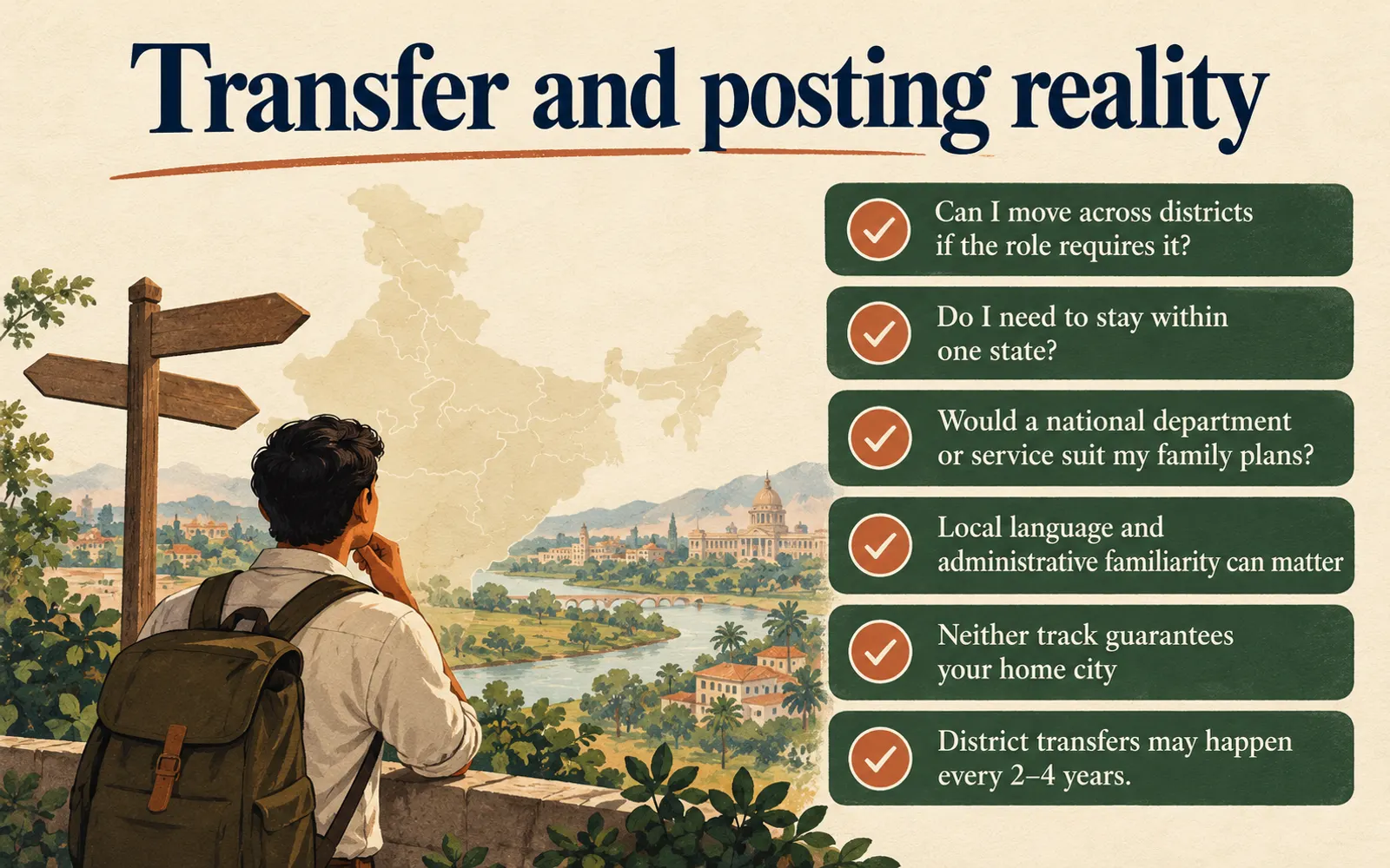 Self-assessment checklist about district mobility, staying within one state, family plans, local language and the reality that neither track guarantees a home-city posting.