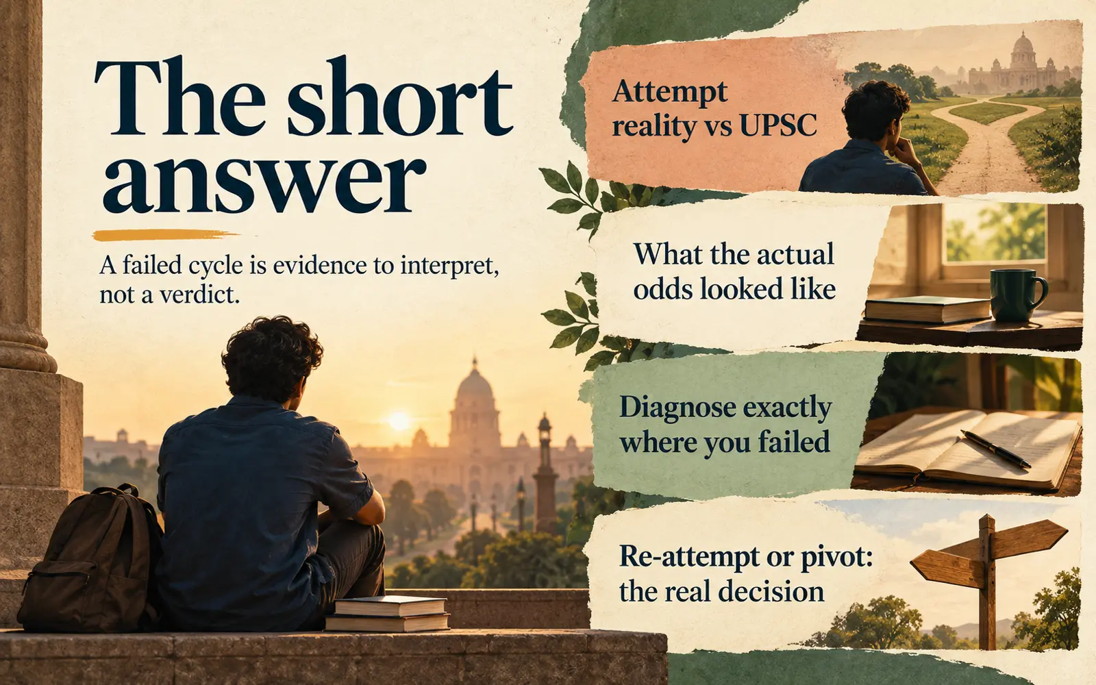 Summary card listing attempt reality, competition odds, failure-stage diagnosis and the decision between re-attempting or pivoting after a bank-exam failure.