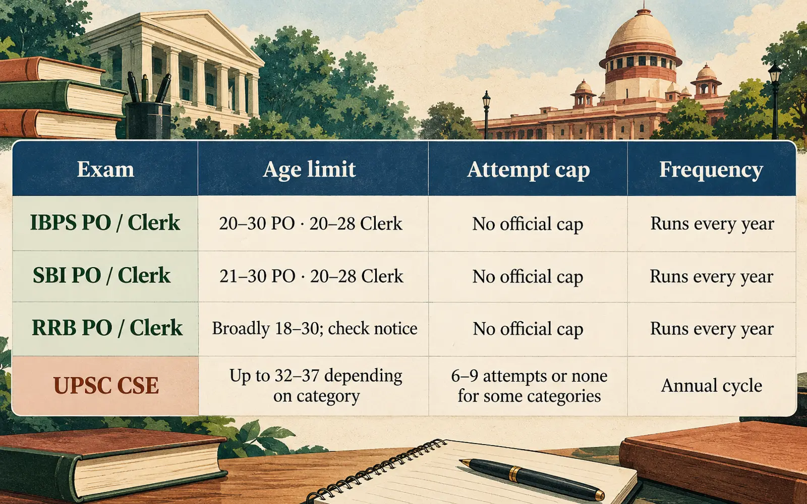 Comparison table showing age limits, official attempt caps and annual frequency for IBPS, SBI, RRB and UPSC exams.