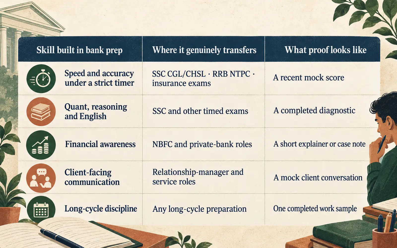 Comparison table mapping bank-exam preparation skills to SSC, RRB, insurance, banking and service roles, with examples of proof employers can see.