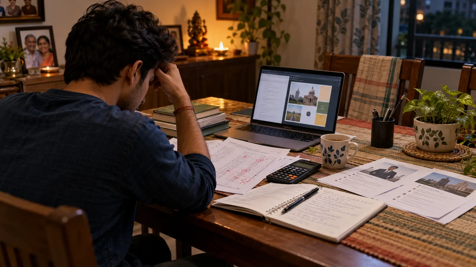 An Indian exam aspirant reviews a marked mock paper, calculator, laptop, job-description printouts and a notebook at a family dining table after a bank-exam attempt.