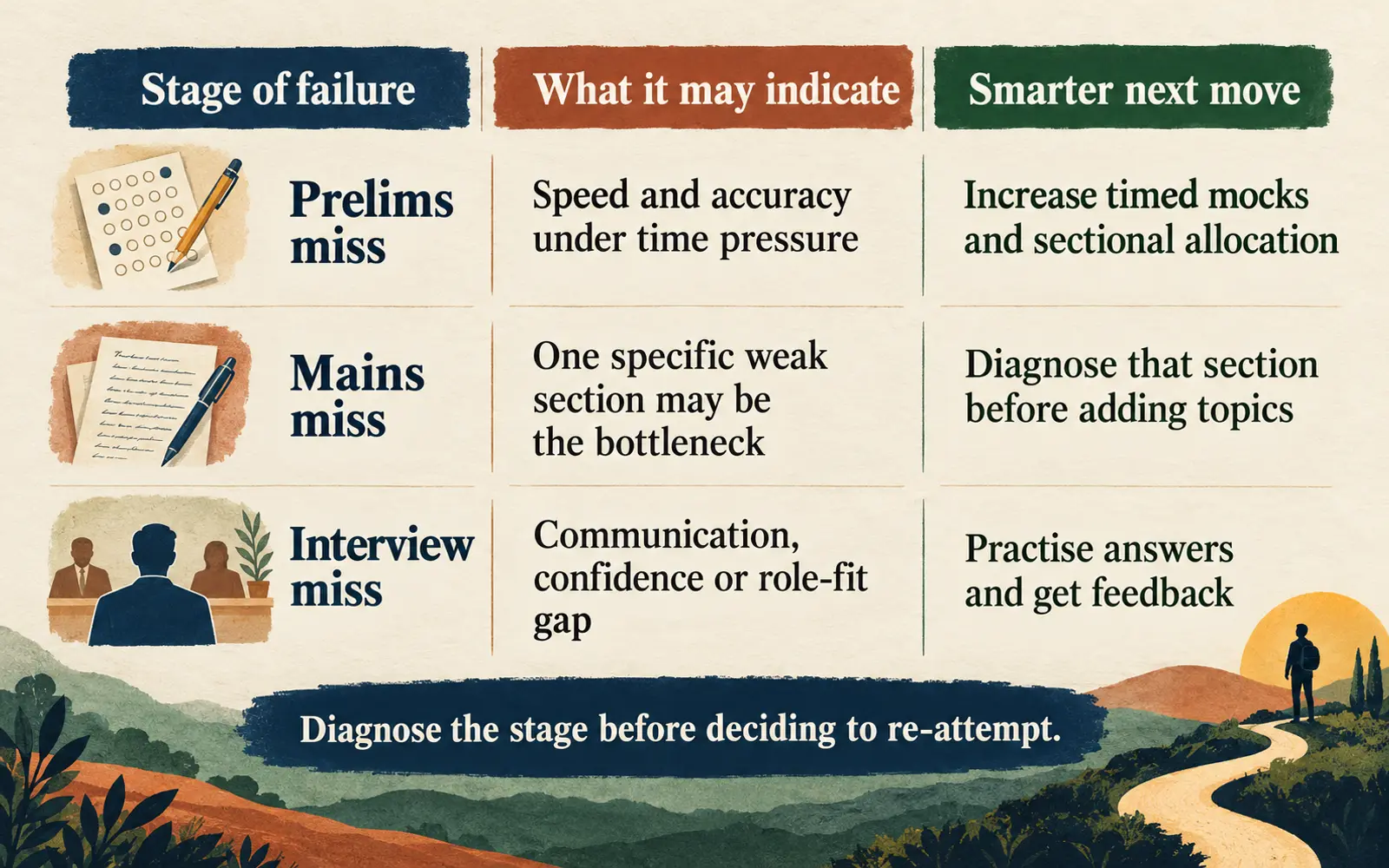 Mistakes-versus-smarter-move panel matching prelims, mains and interview failures with likely gaps and targeted next actions.