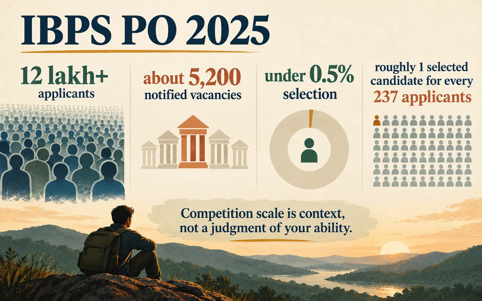 Stat panel showing more than 12 lakh IBPS PO 2025 applicants, about 5,200 vacancies, under half a percent selection and roughly one selected candidate for every 237 applicants.